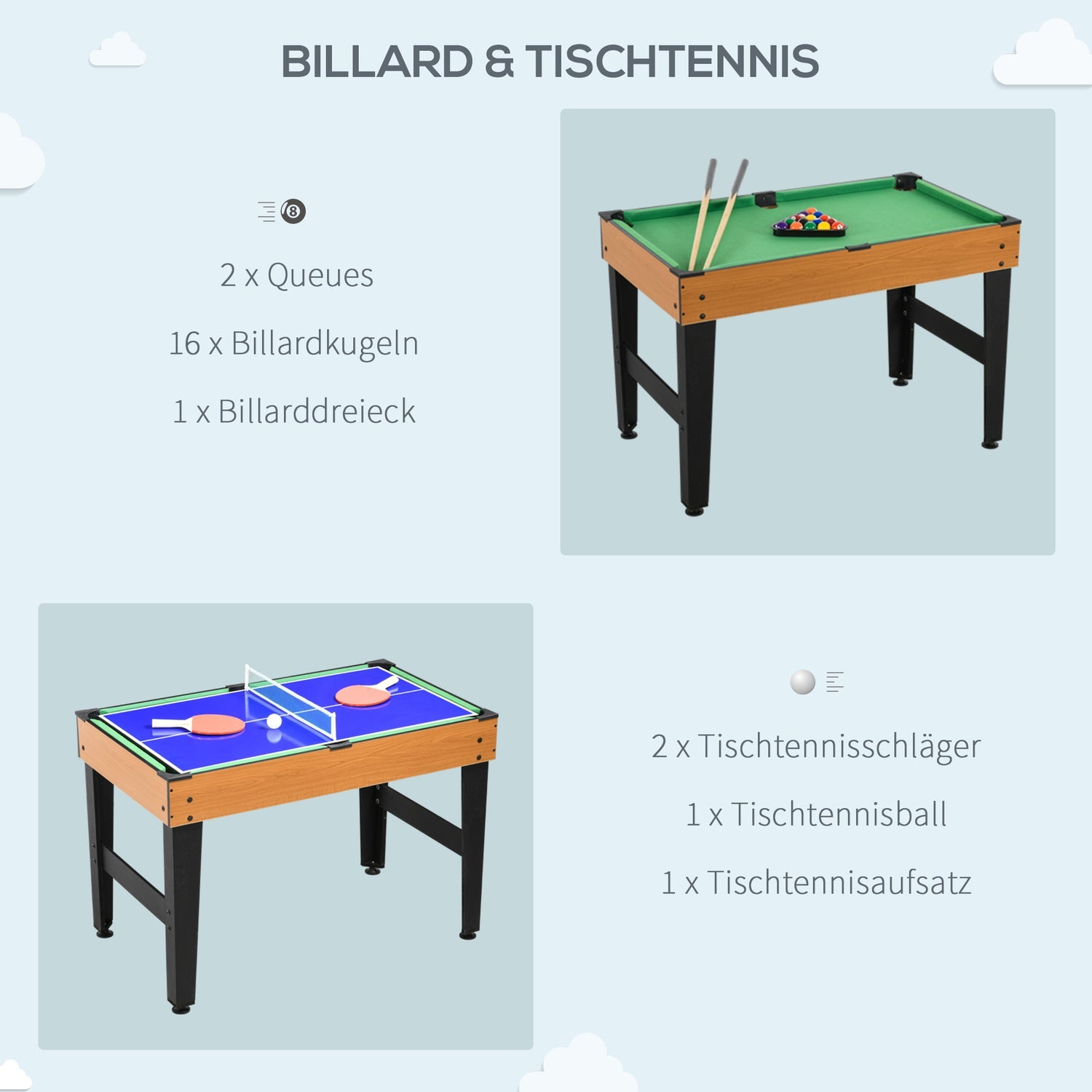 Flerspelsbord: Ping Pong, Foosball, Biljard, Air Hockey
