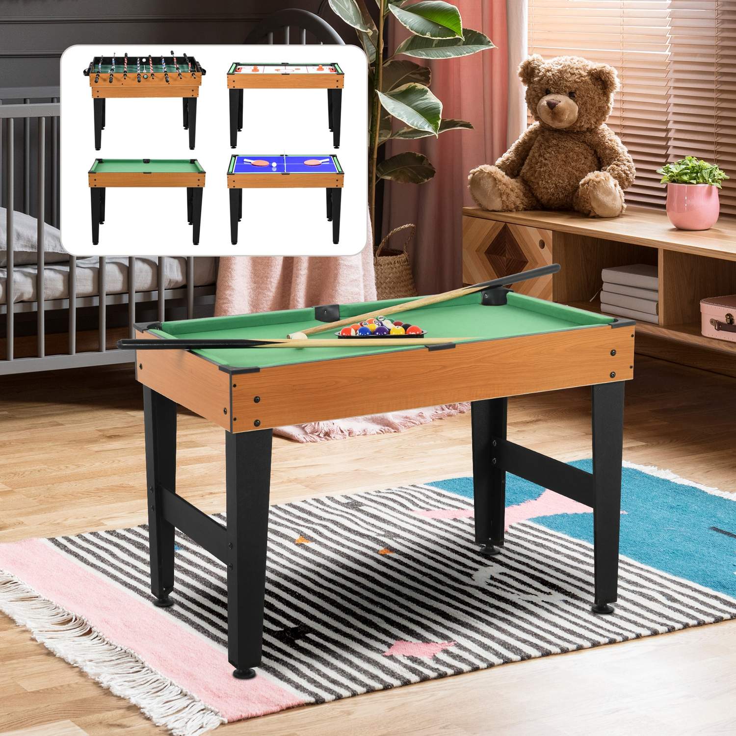 Flerspelsbord: Ping Pong, Foosball, Biljard, Air Hockey
