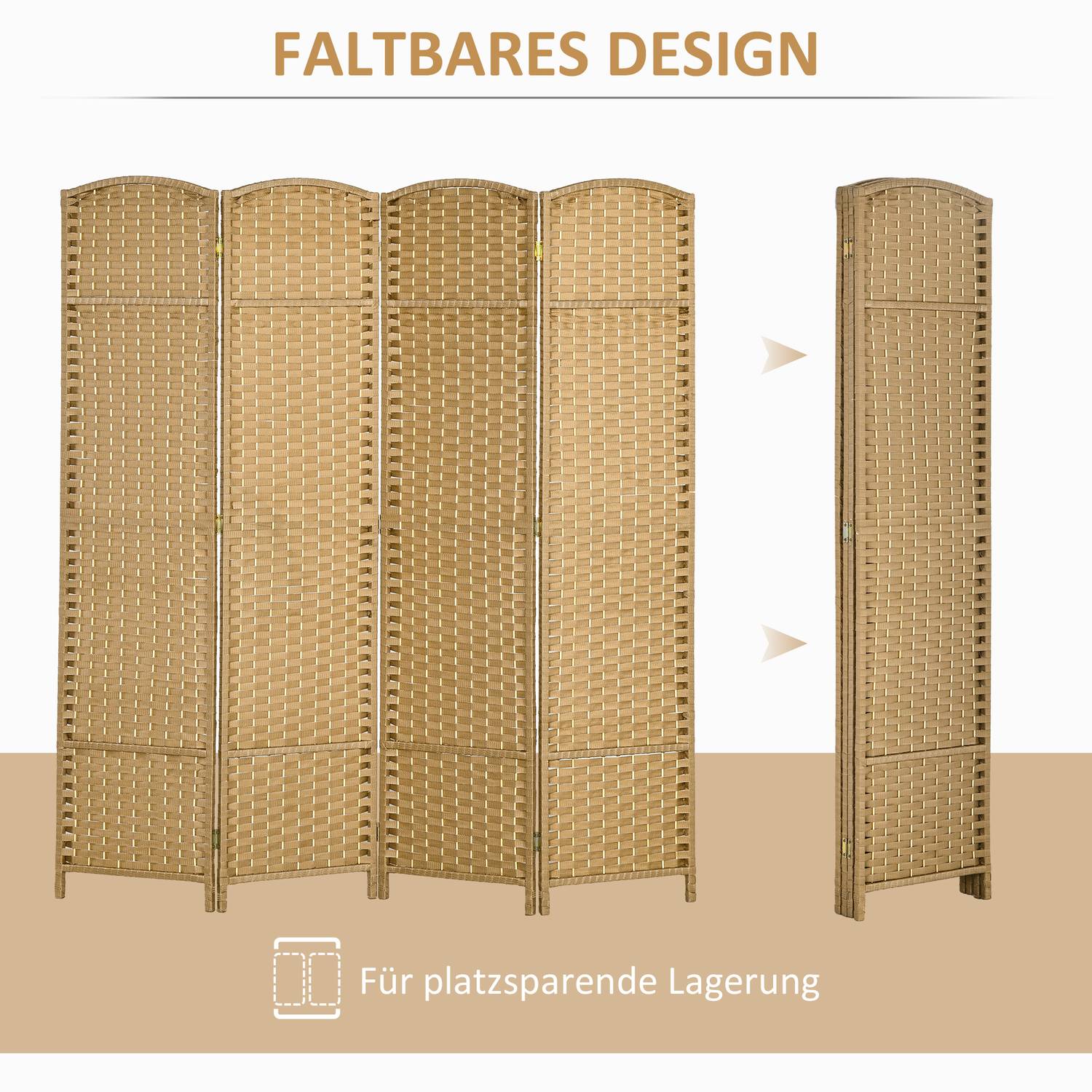 4-panels fällbar rumsavdelare, naturligt trä, sekretessskärm