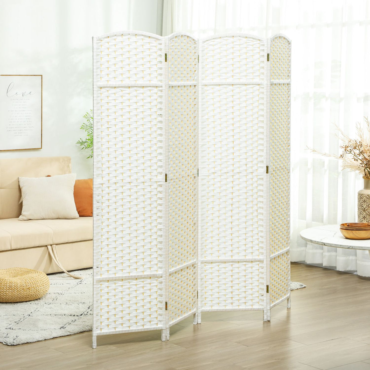 4-panels sammenleggbar romdeler, hvit polypropylen
