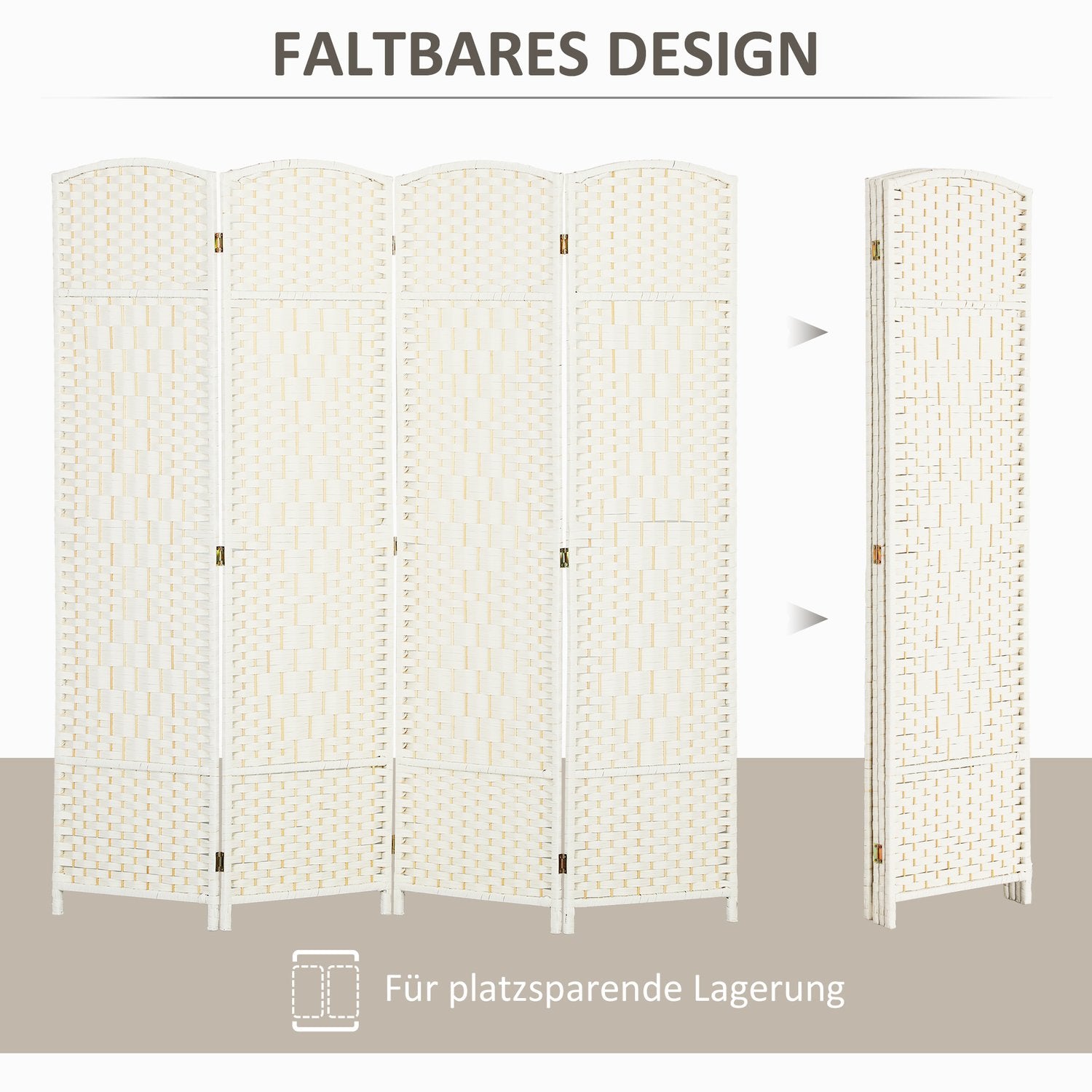 4-panels fällbar rumsavdelare, vit, polypropen, furu