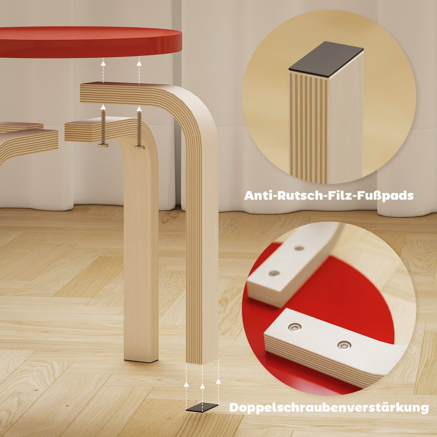4 staplar med fotkuddar av filt, björkplywood, lackad, färgad