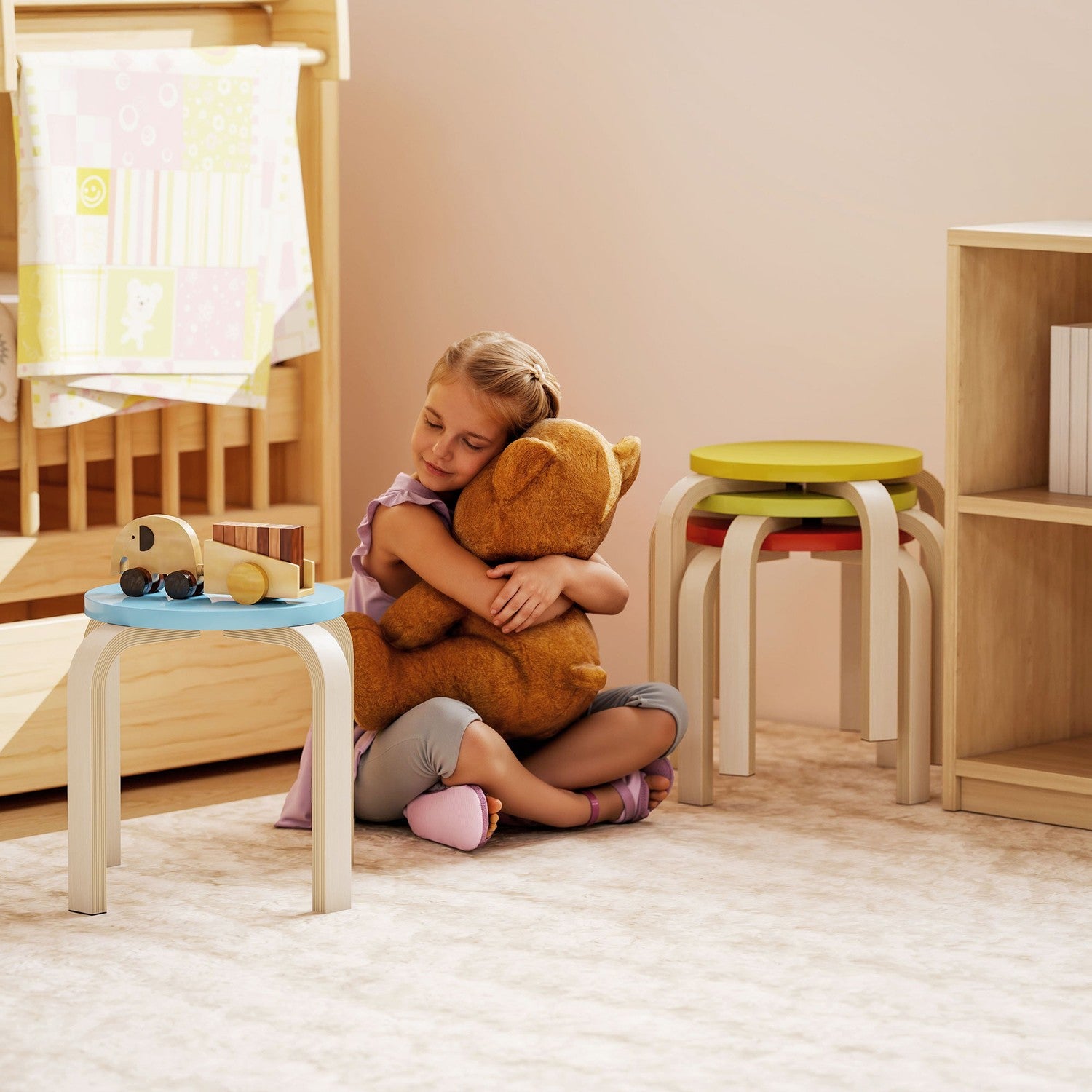 4 staplar med fotkuddar av filt, björkplywood, lackad, färgad