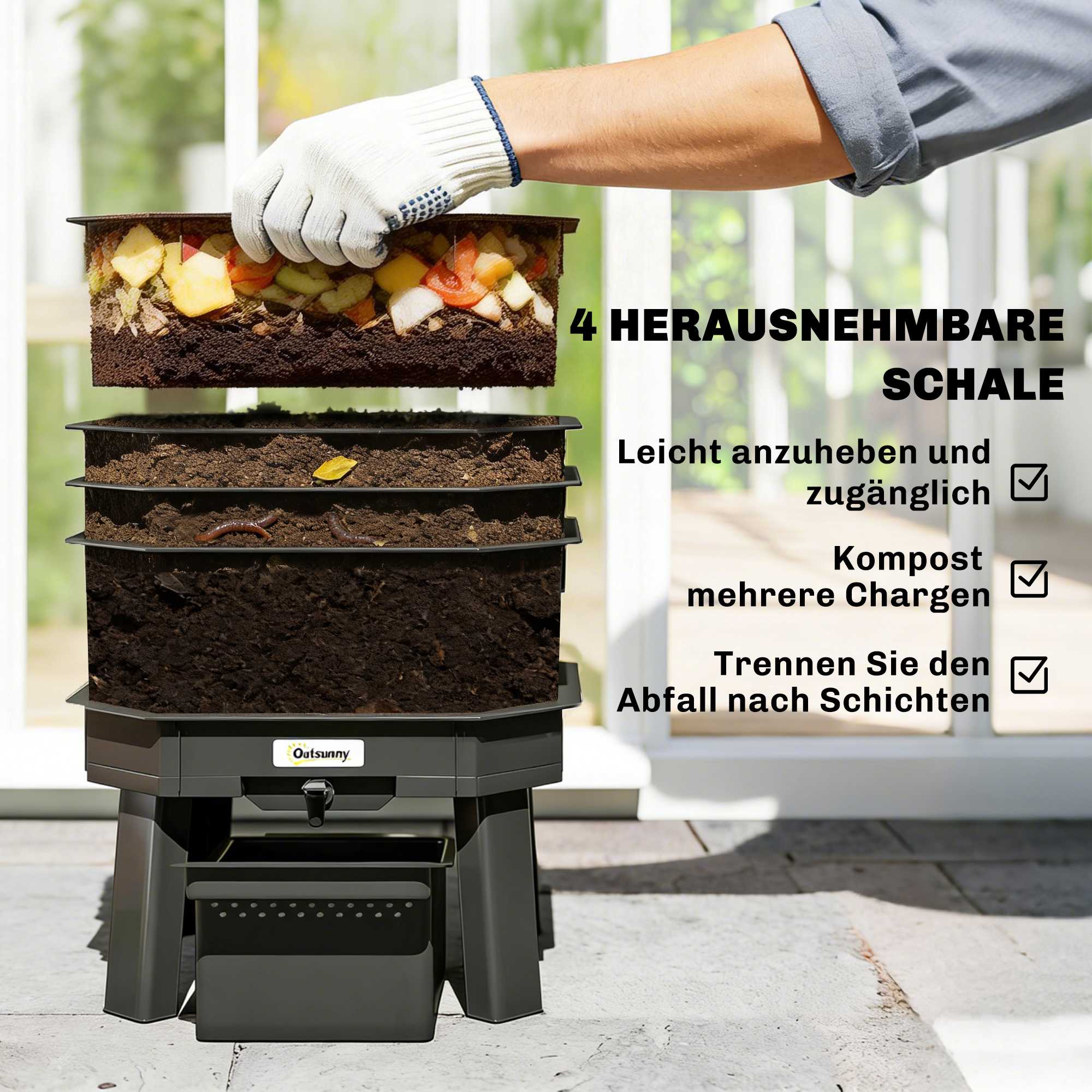 4-våningars kompostbehållare för kök – mörkgrå, plast, 39x39x51,5 cm