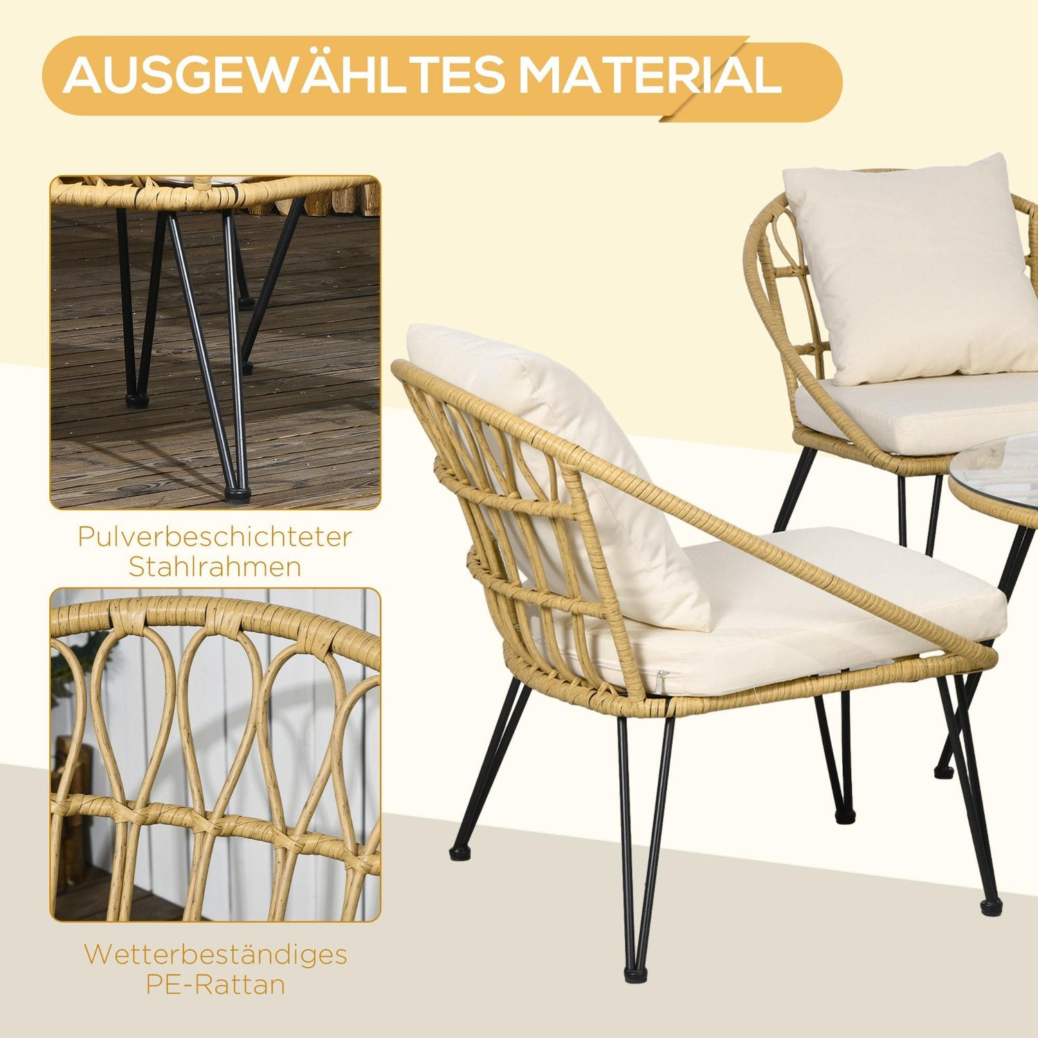 Trädgårdsmöbler i rotting, 5 delar – beige polyester
