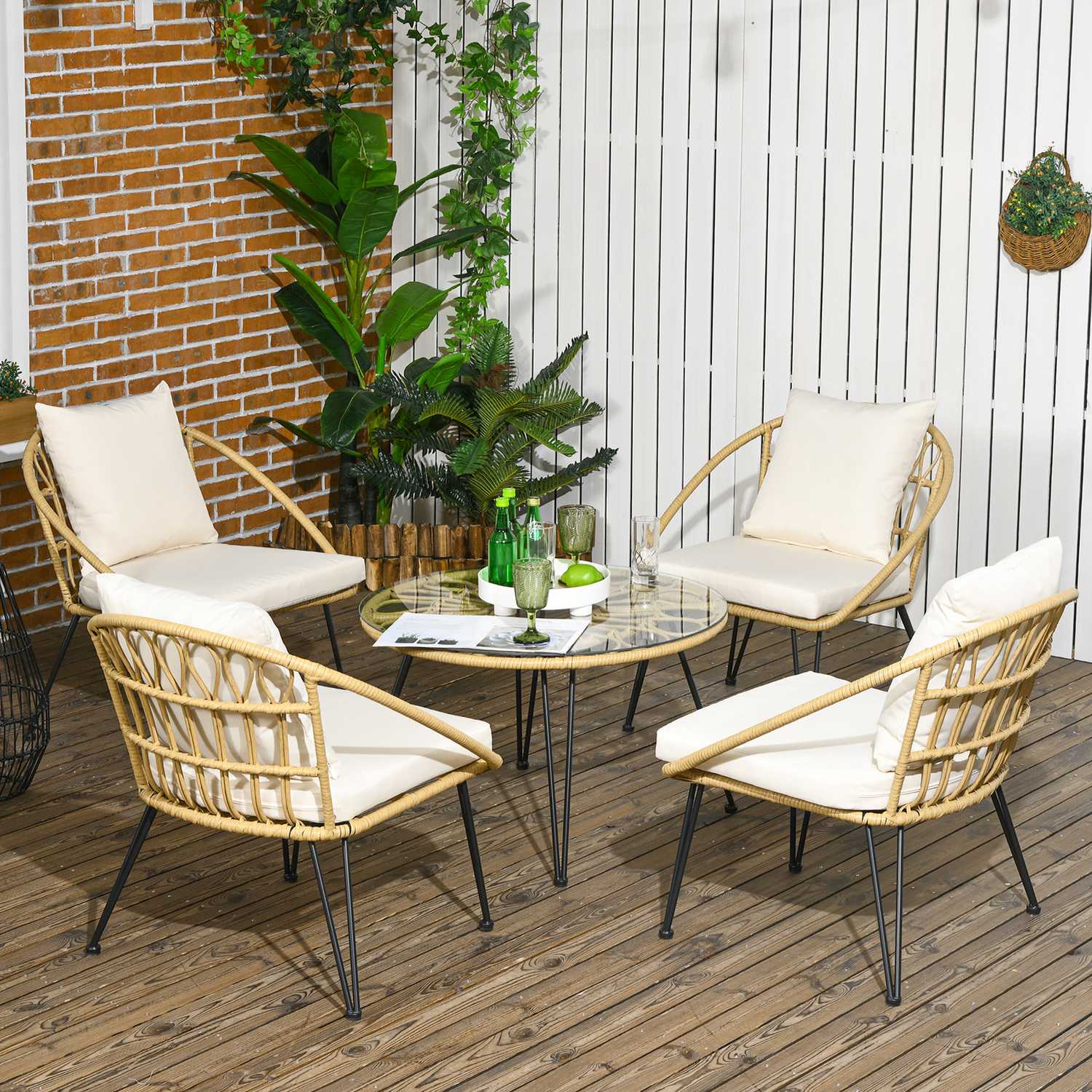 Trädgårdsmöbler i rotting, 5 delar – beige polyester