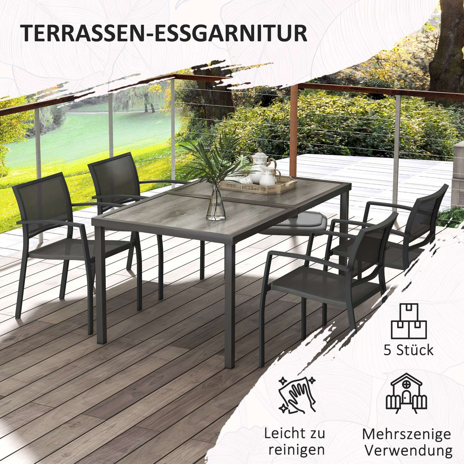 5-delad uteplats sittgrupp – Mörkgrå Mesh stolar och bord