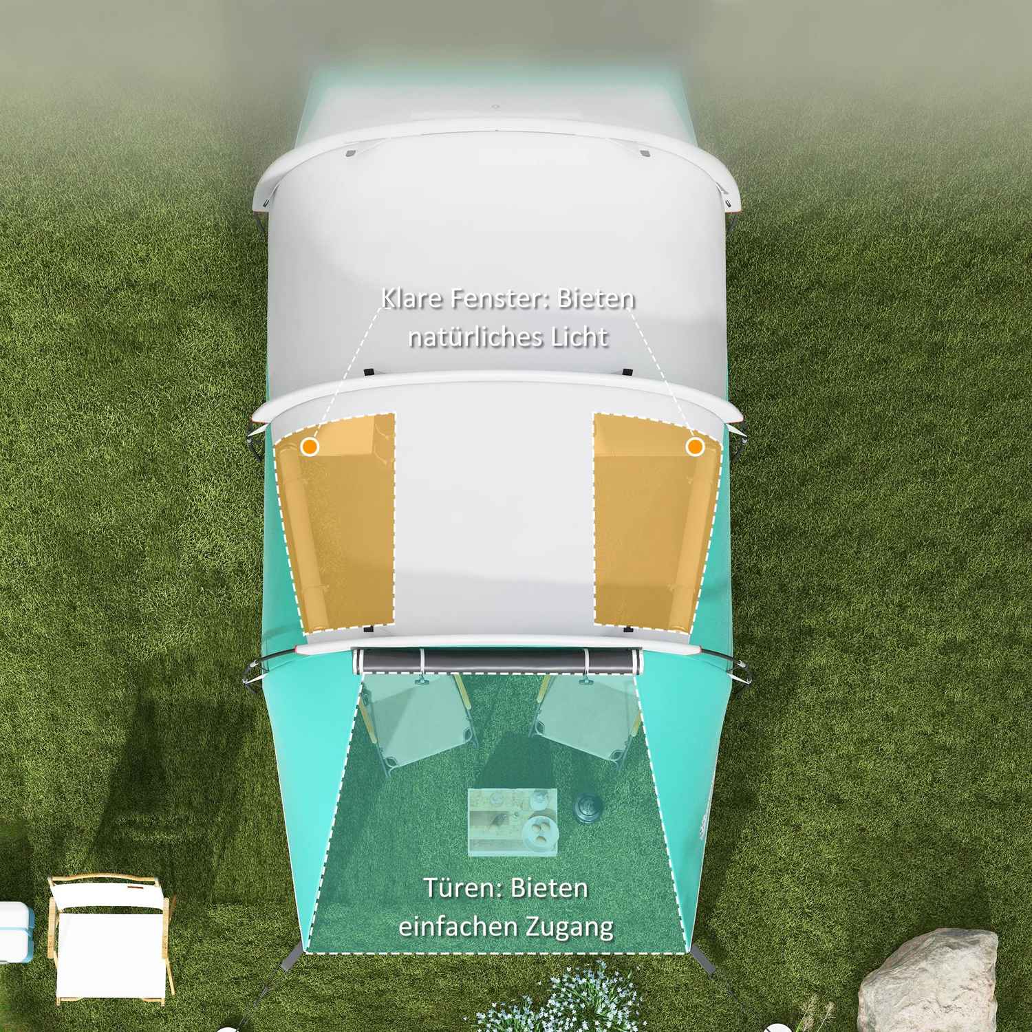 5-personers familjecampingtält, 2 rum, vattentätt, grönt