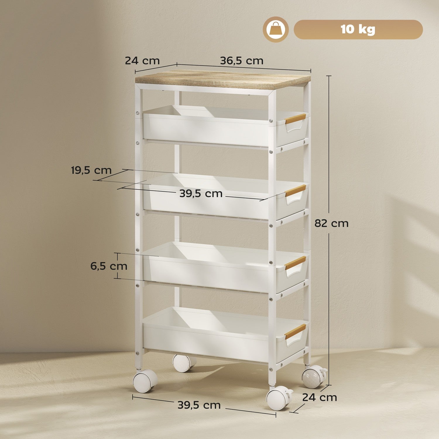 5-vånings köksvagn, trälook, metallram, 4 lådor