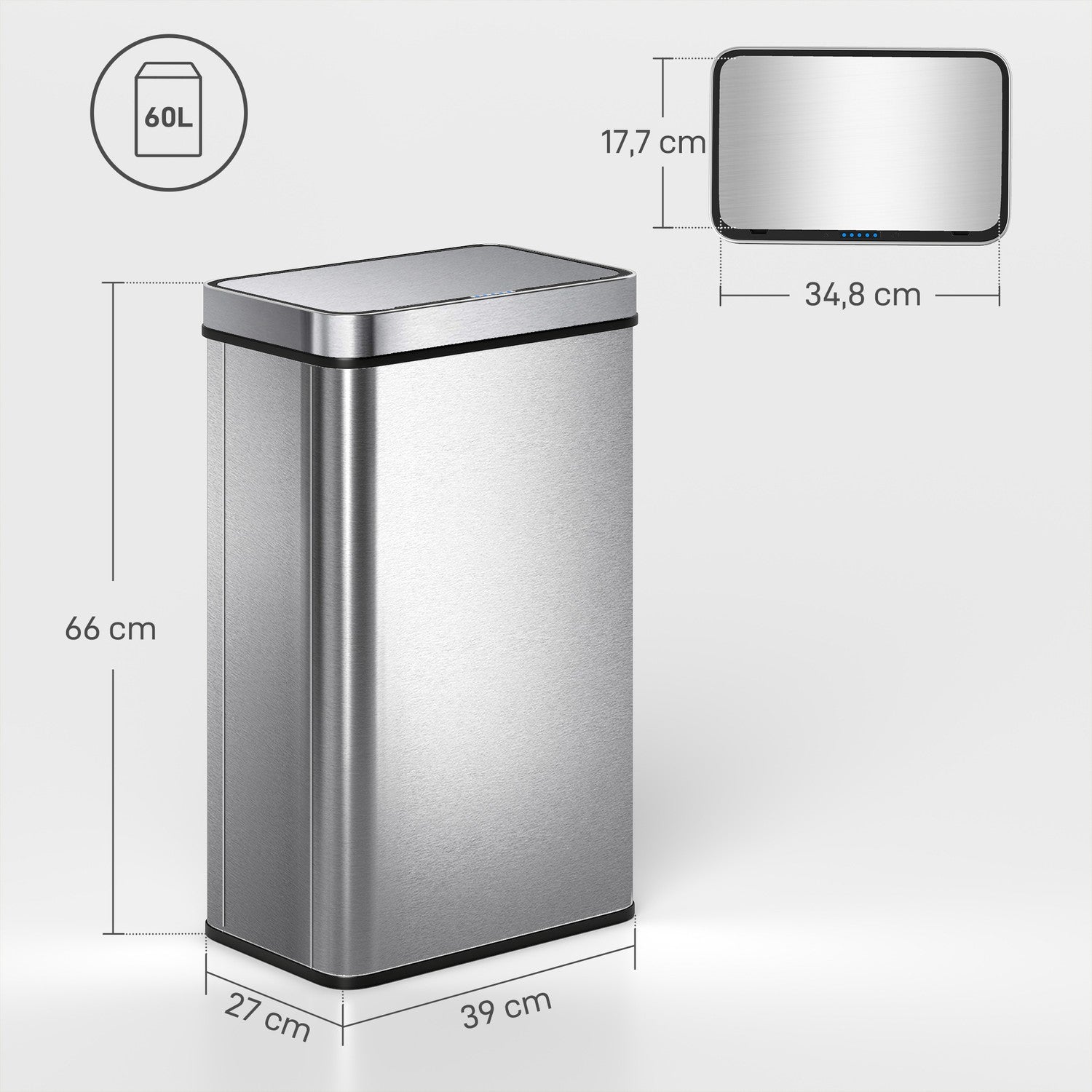60L rostfri papperskorg med sensor, automatiskt lock