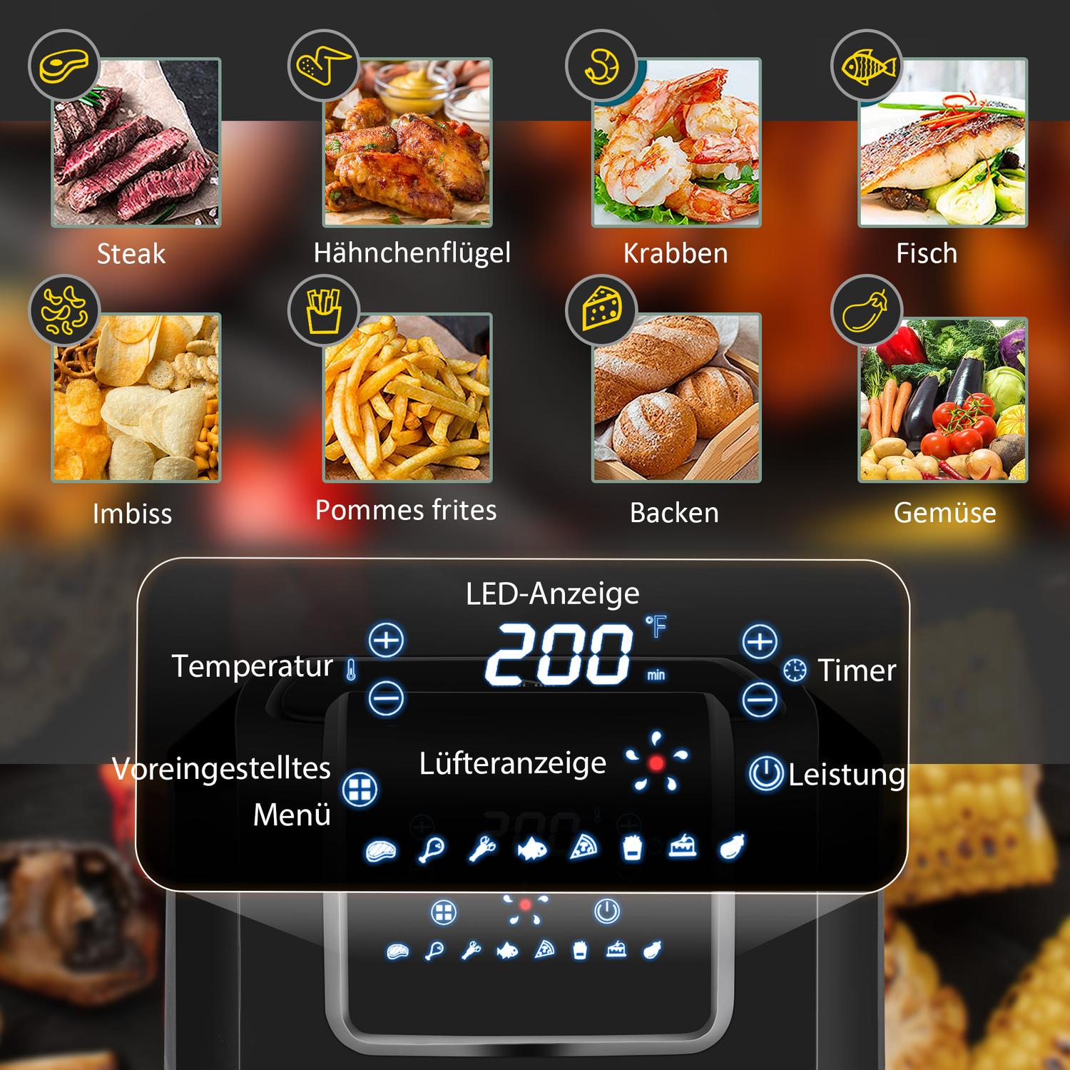 6,5L varmluftsfritös, 1700W, LED-skärm, non-stick korg