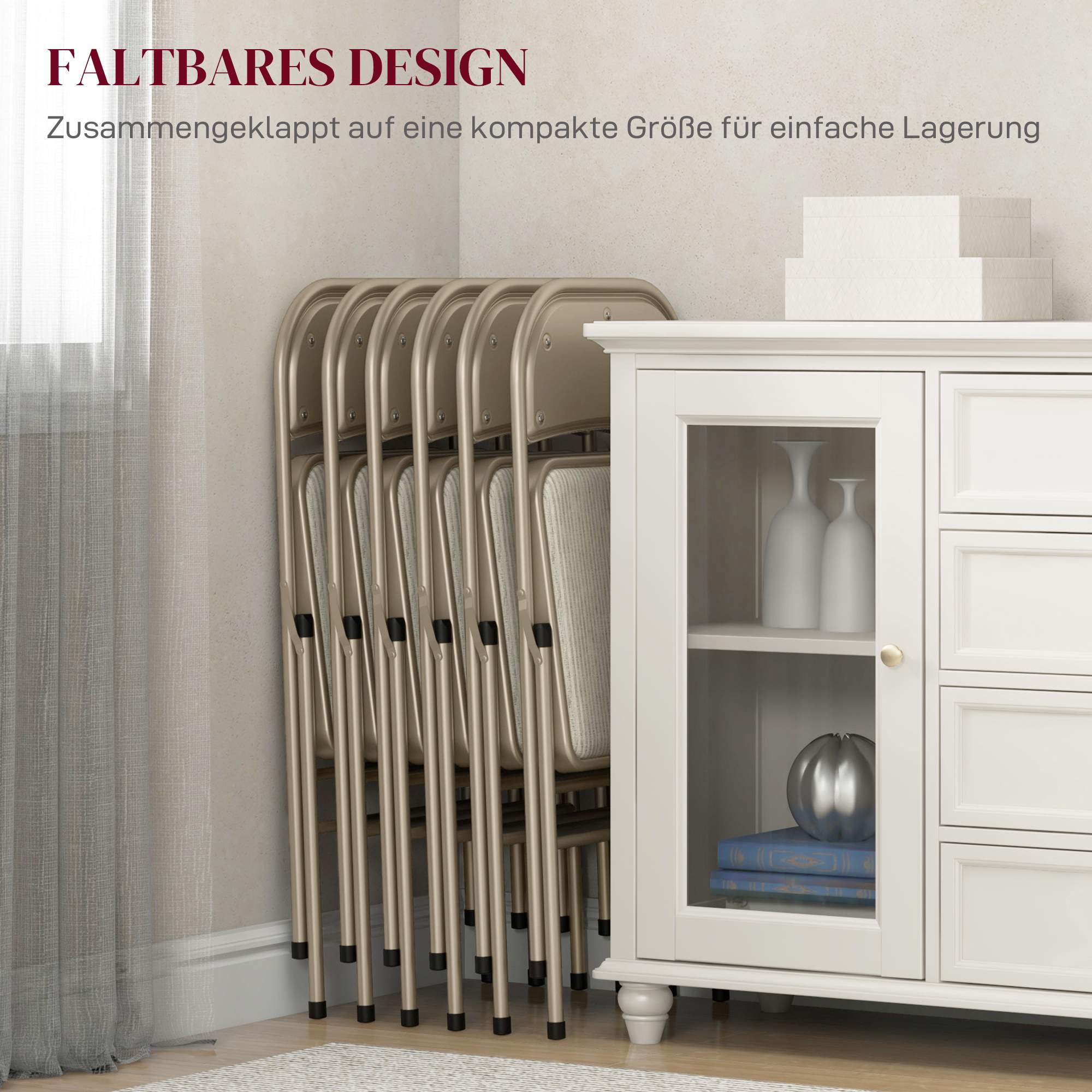 6-delat set med fällbara stolar, stålram, linne-look, beige