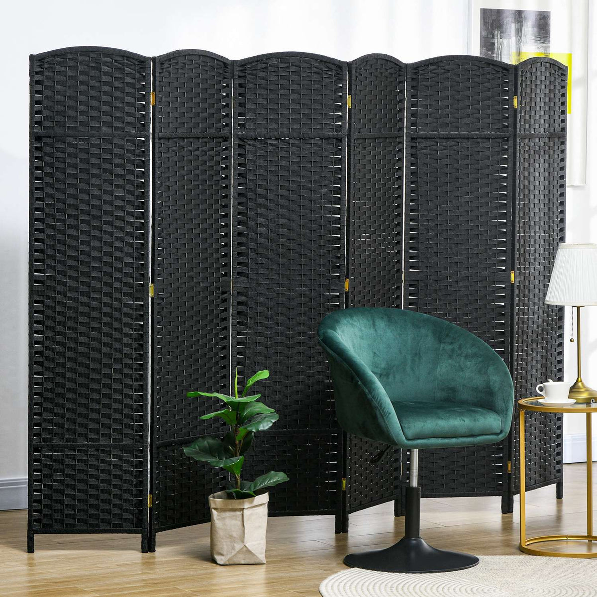 6-panels romdeler, sammenleggbar skjermvegg, innsynsskjerming for stue, soverom og hjemmekontor, svart