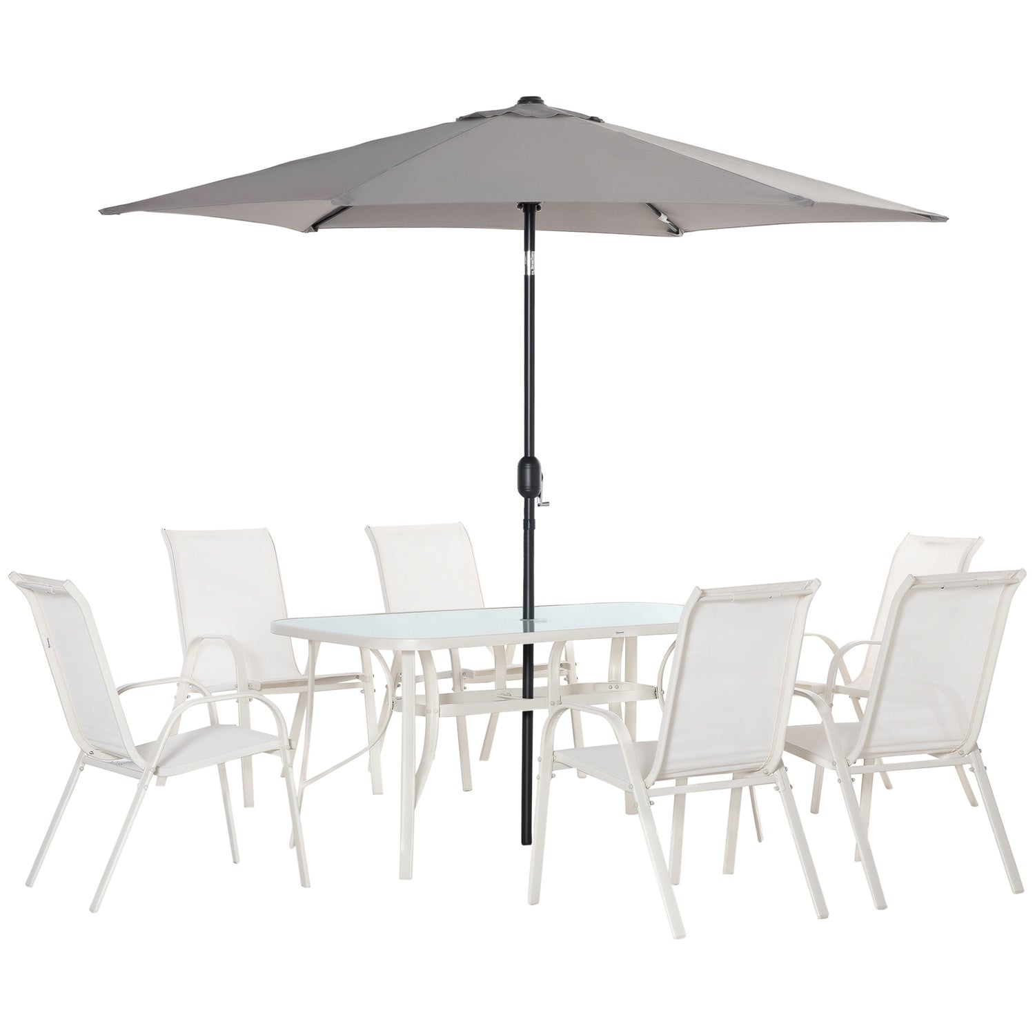 6-personers matsal i aluminium med parasoll