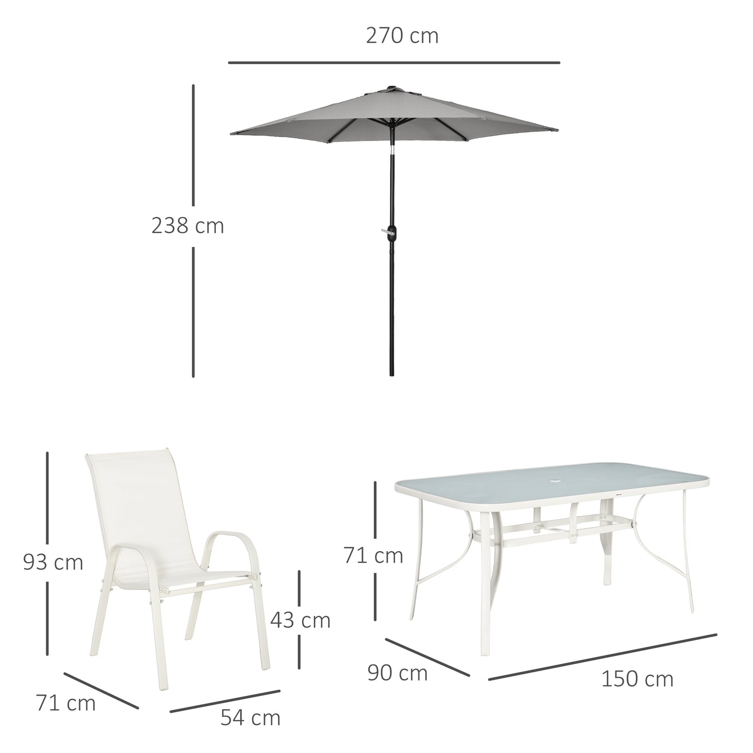 6-personers matsal i aluminium med parasoll
