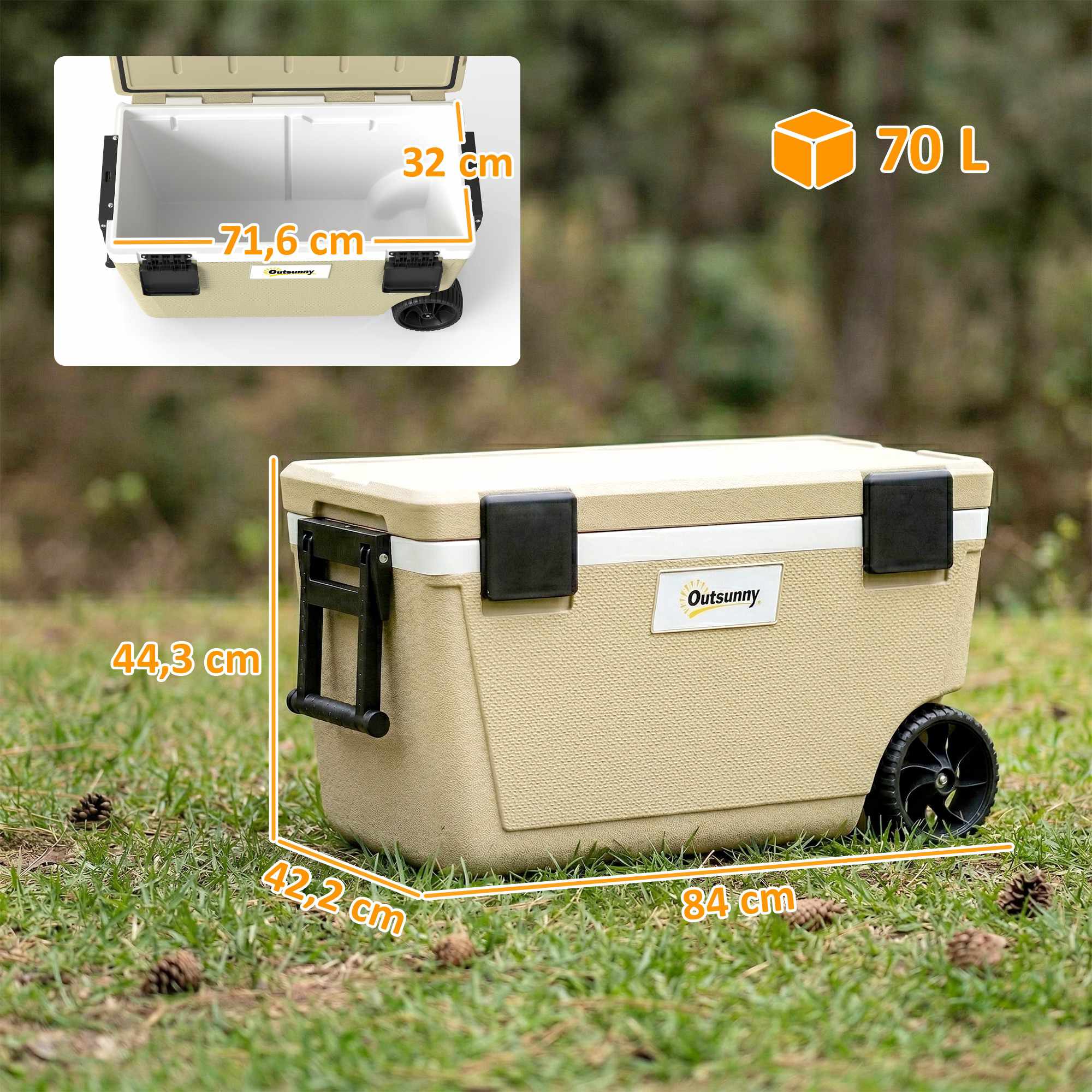70L kylbox med hjul, 72 timmars isolering, avtappningsventil