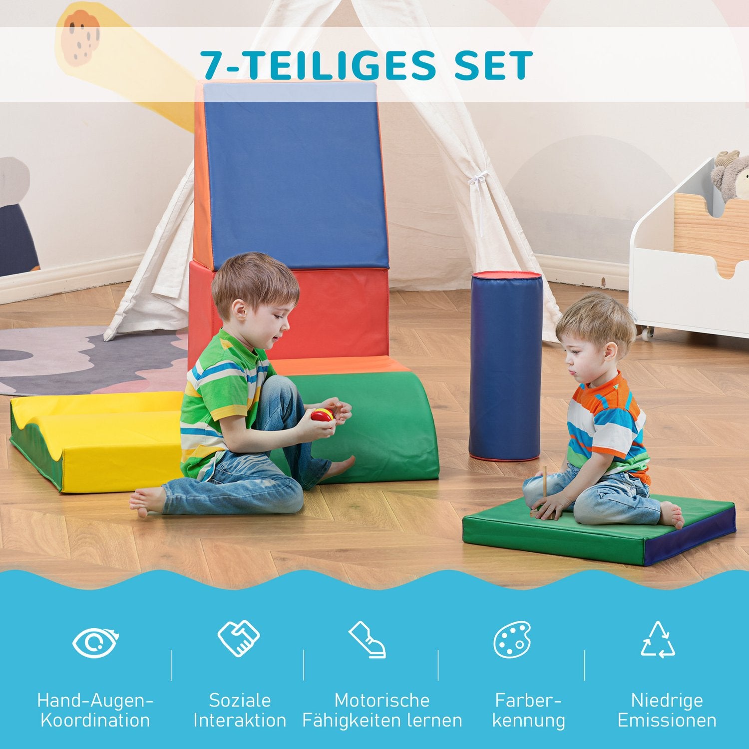 Byggklossar i mjukt skum – 7 st, färgglada, leksäkra
