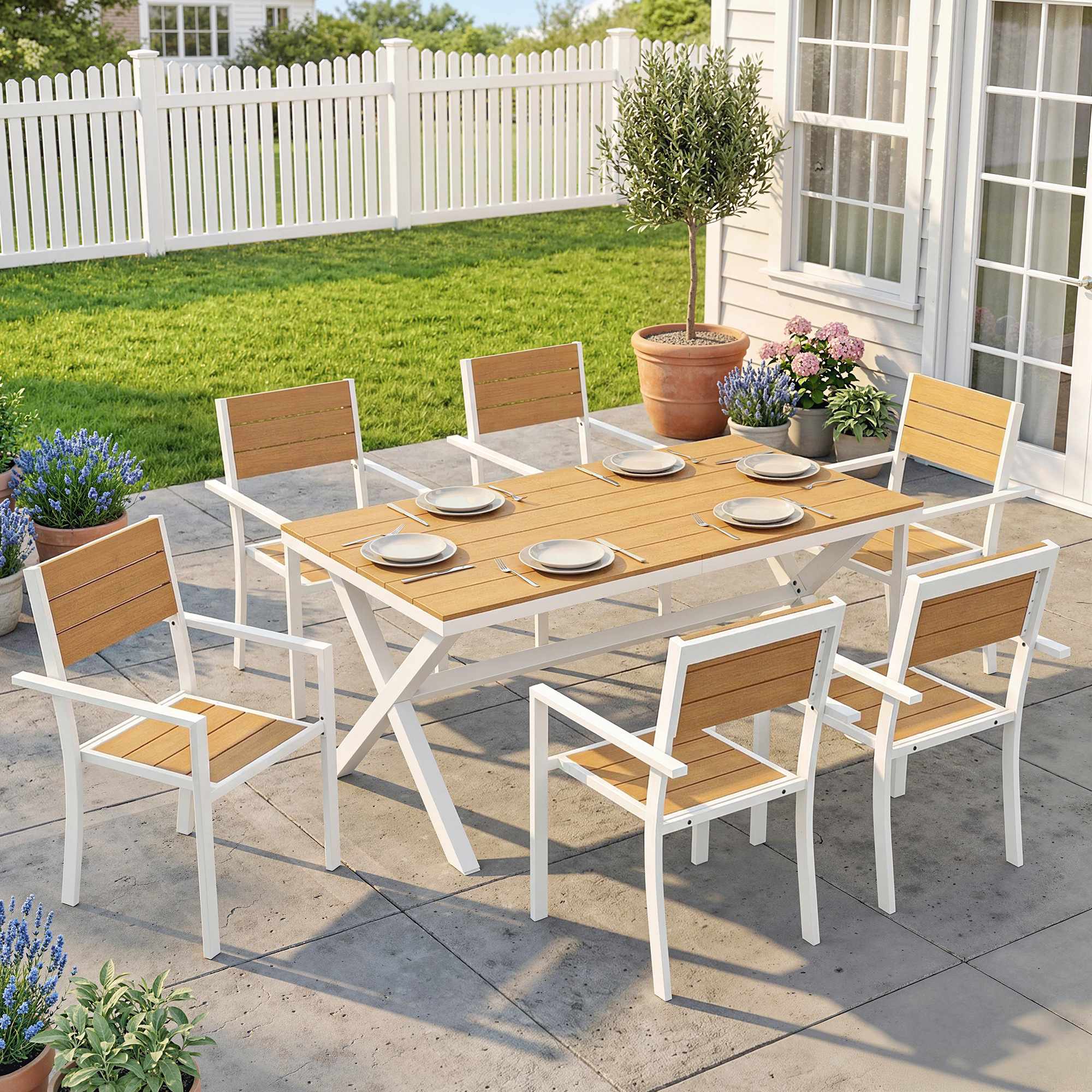 7-delad matgrupp för utomhusbruk, aluminiumram, teakfinish