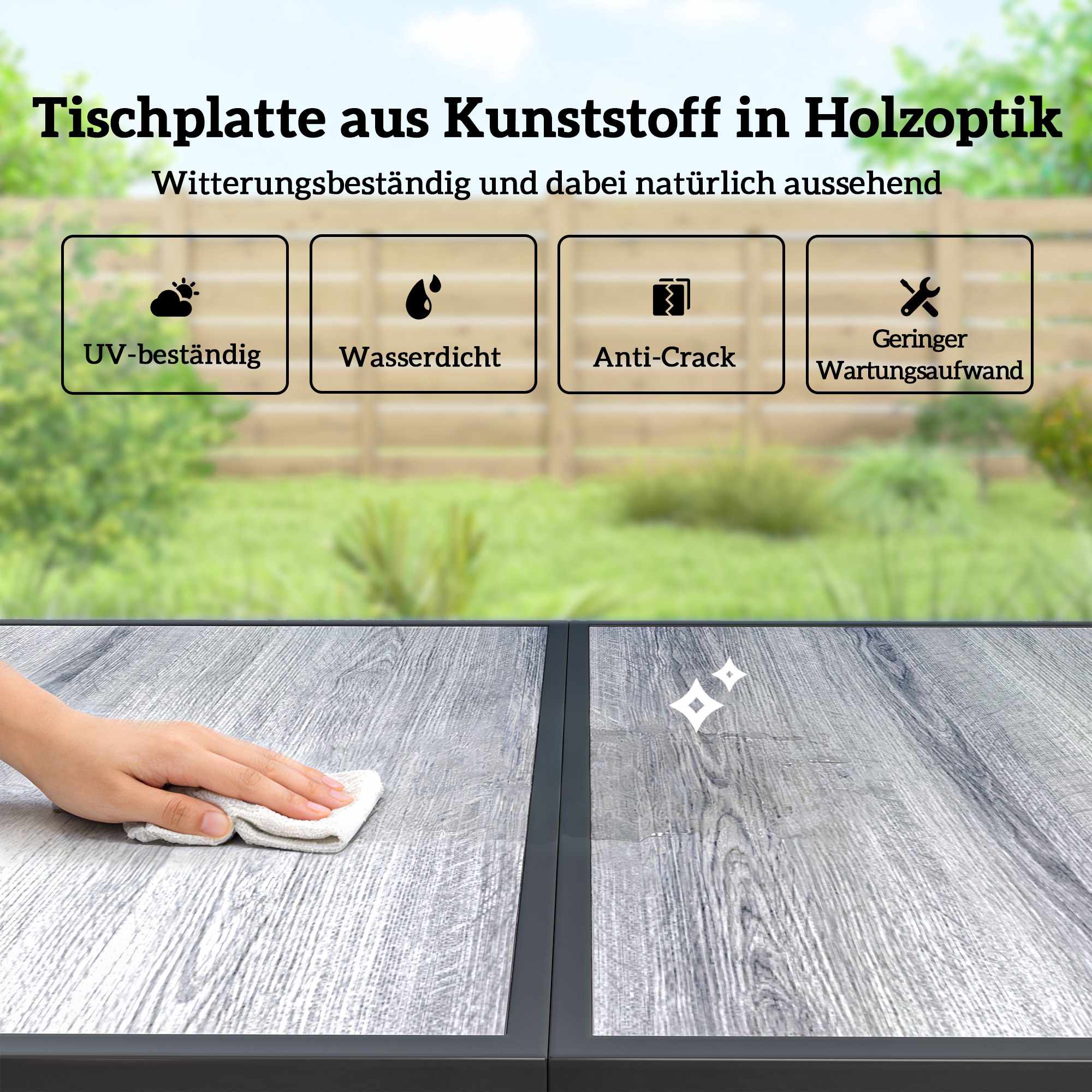 7-delat matset för utomhusbruk, rektangulärt bord och 6 stolar