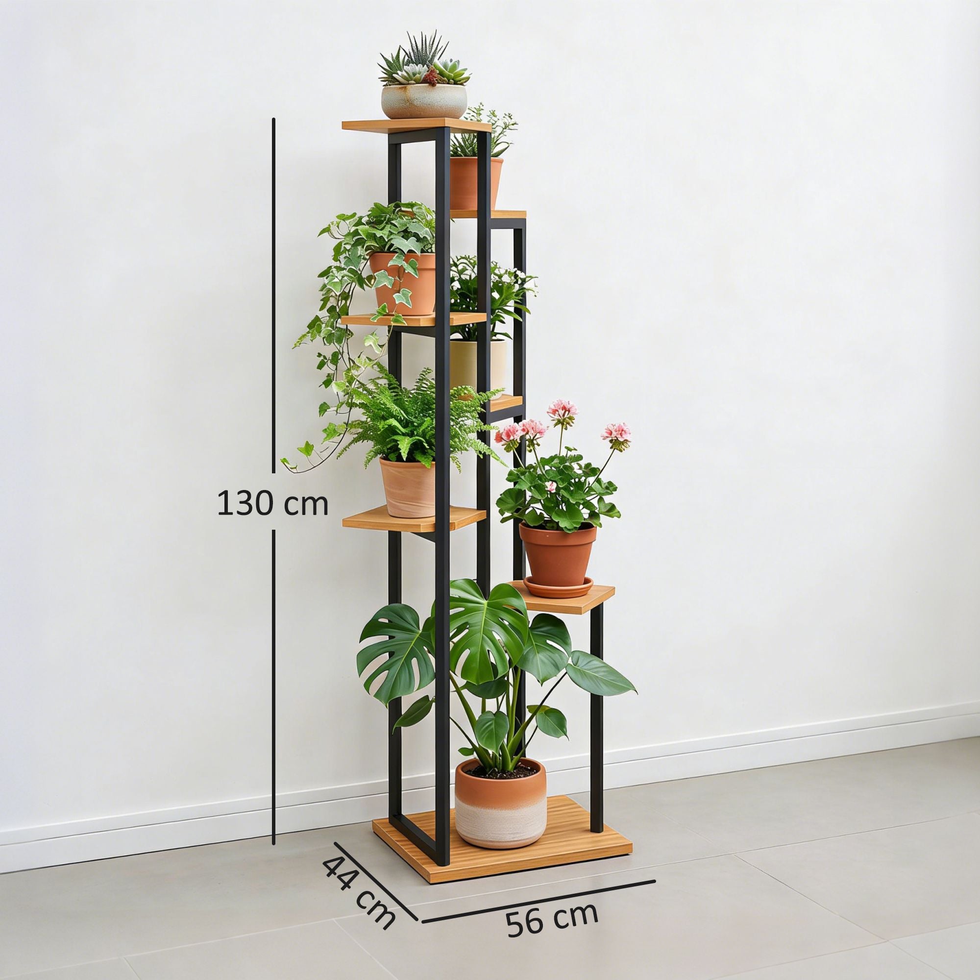 7-vånings växtställ, 130 cm högt, trä och stål