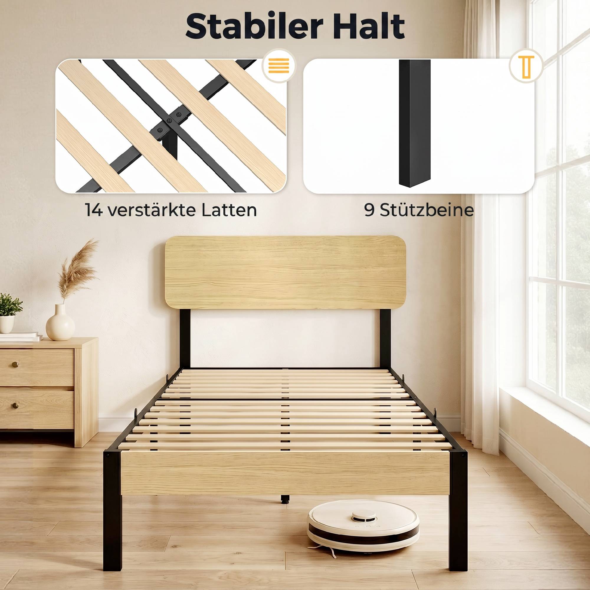90 x 200 cm sängram i metall med huvudgavel, förvaring