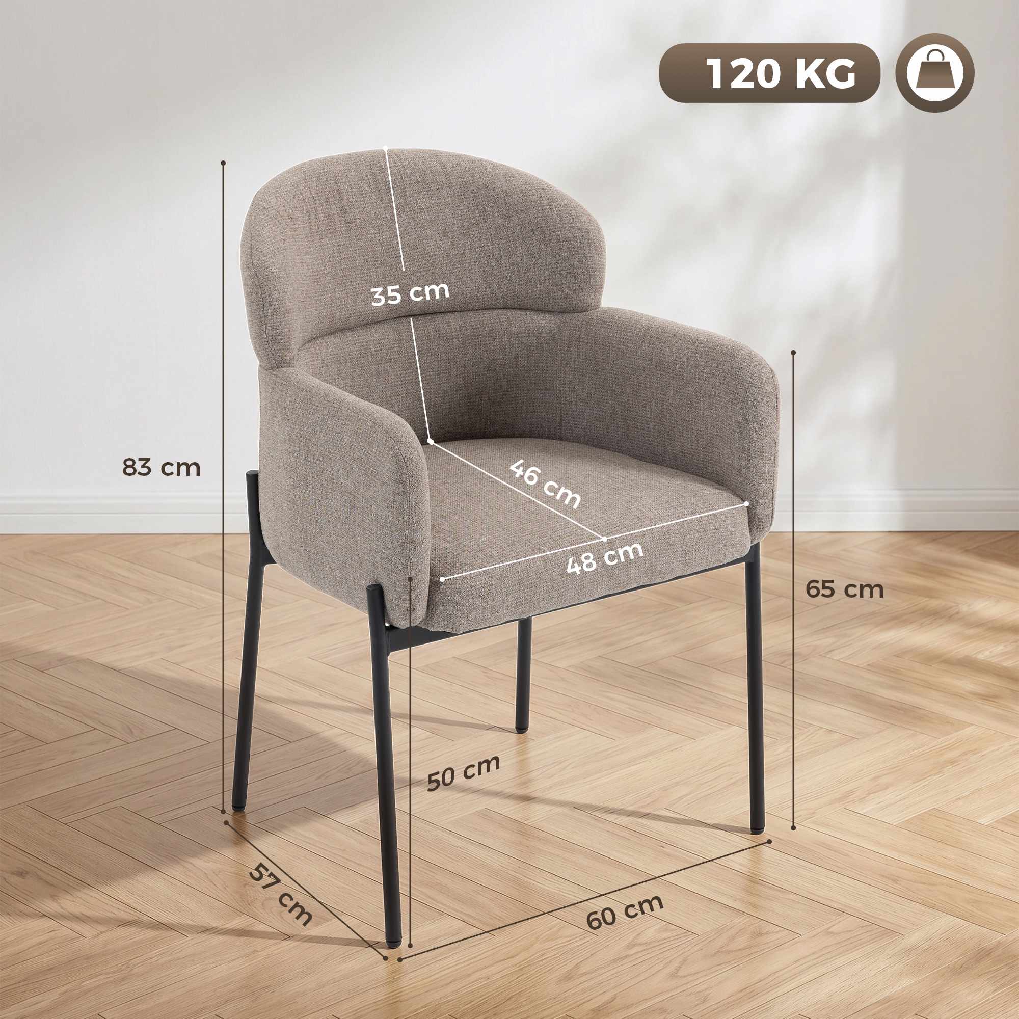 Accentloungefåtölj, armstöd, chenilleklädsel, metallben, brun