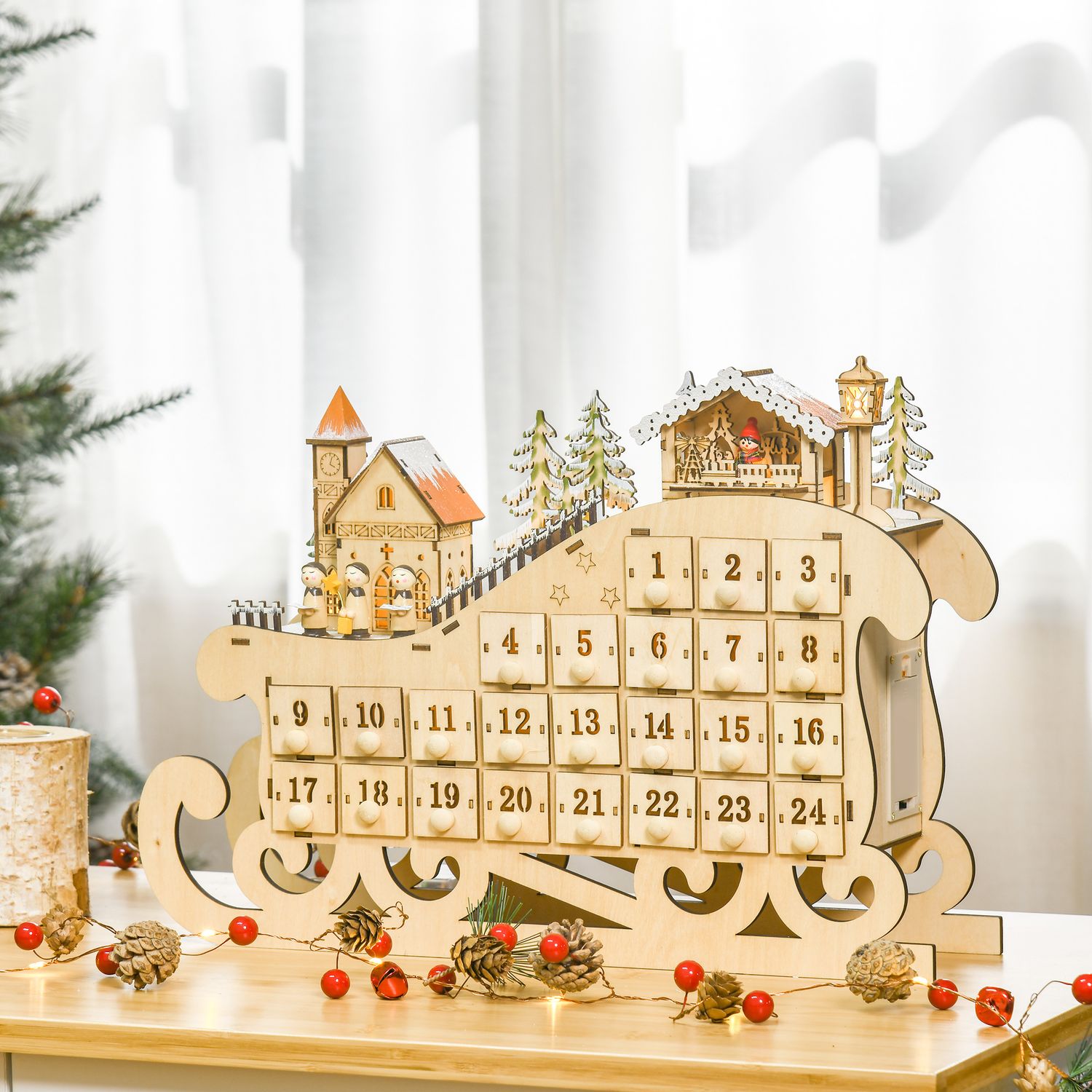 Adventskalender med 24 LED-upplysta lådor, Slädeformad