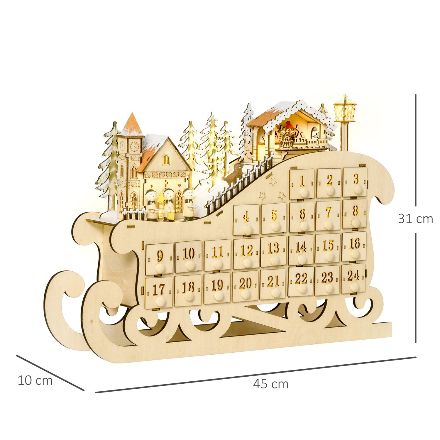 Adventskalender med 24 LED-upplysta lådor, Slädeformad