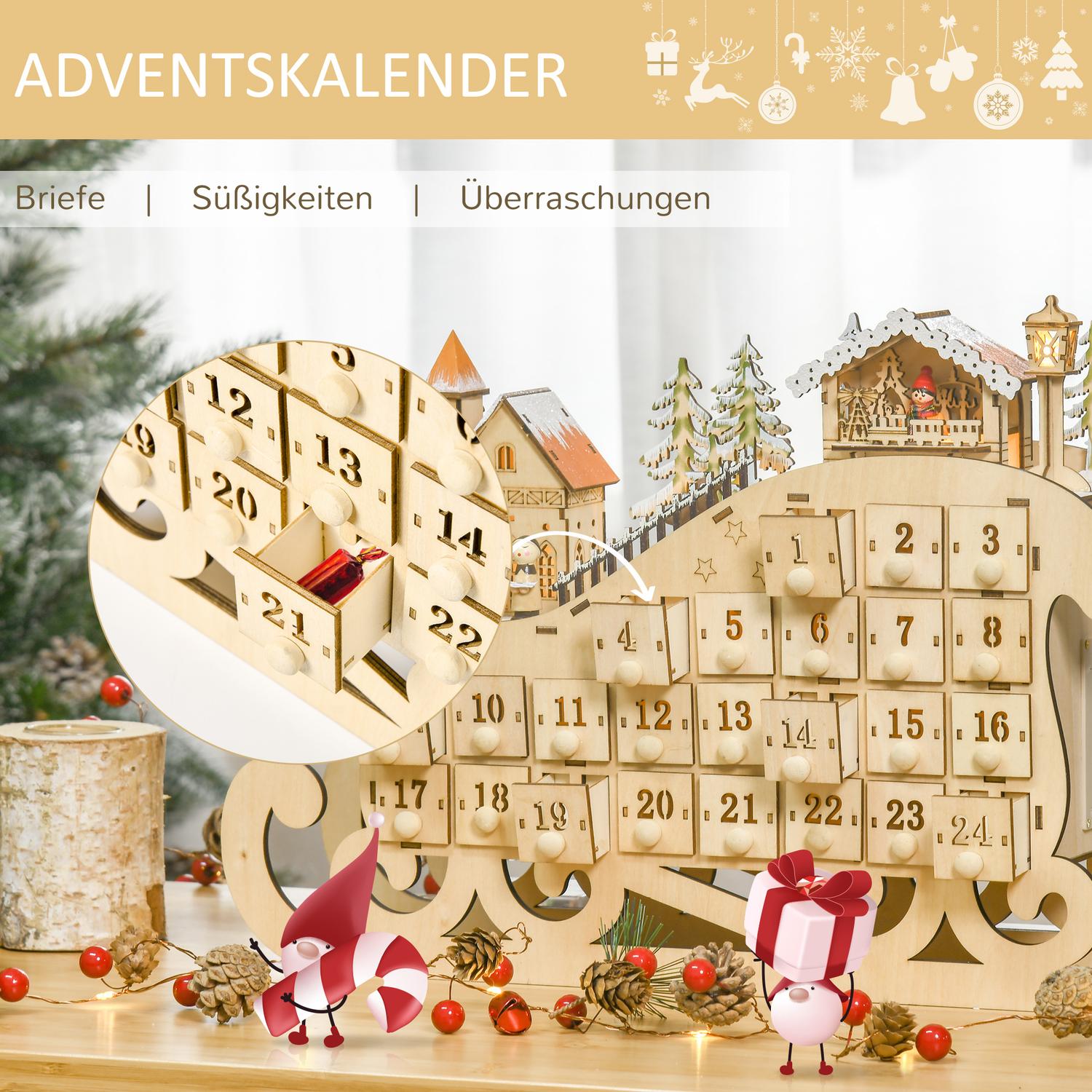 Adventskalender med 24 LED-upplysta lådor, Slädeformad