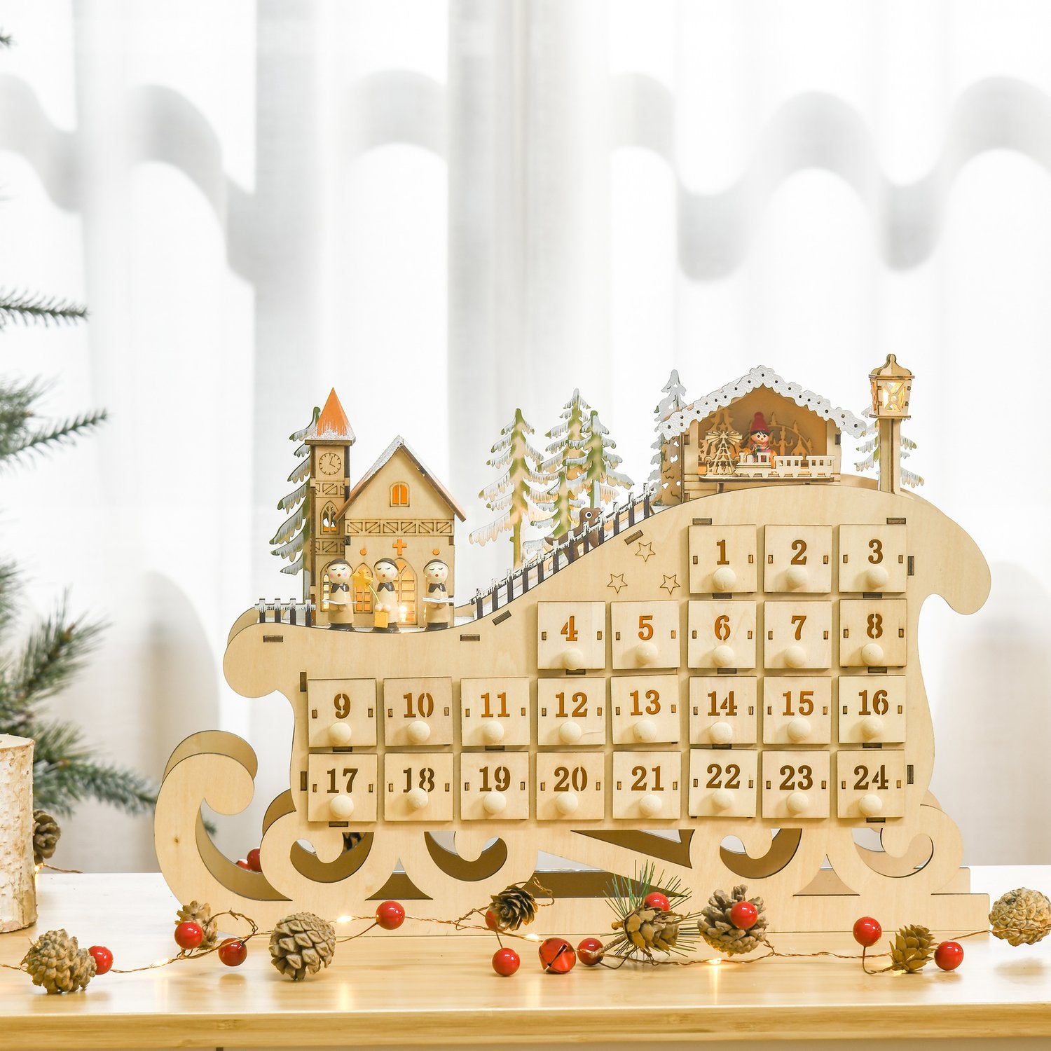 Adventskalender med 24 LED-upplysta lådor, Slädeformad