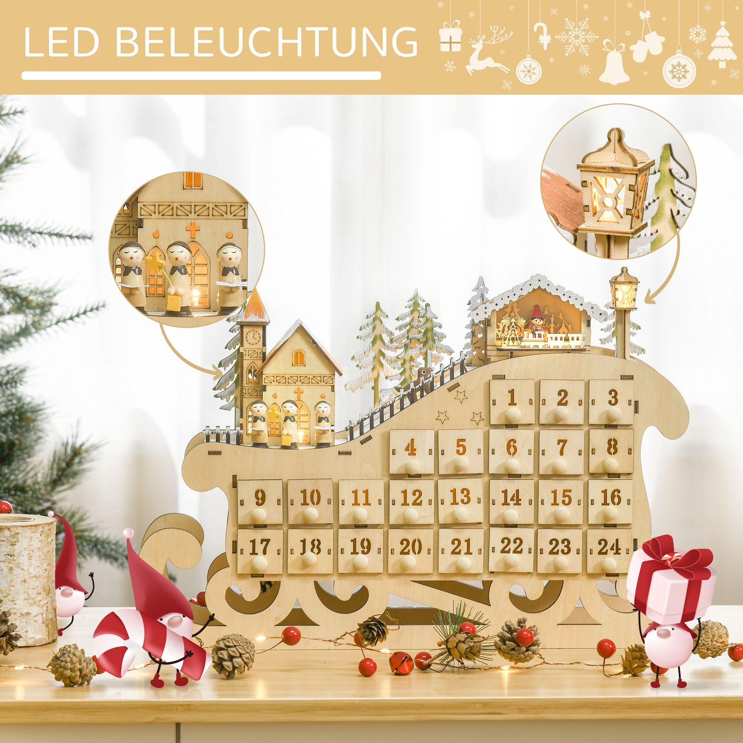 Adventskalender med 24 LED-upplysta lådor, Slädeformad