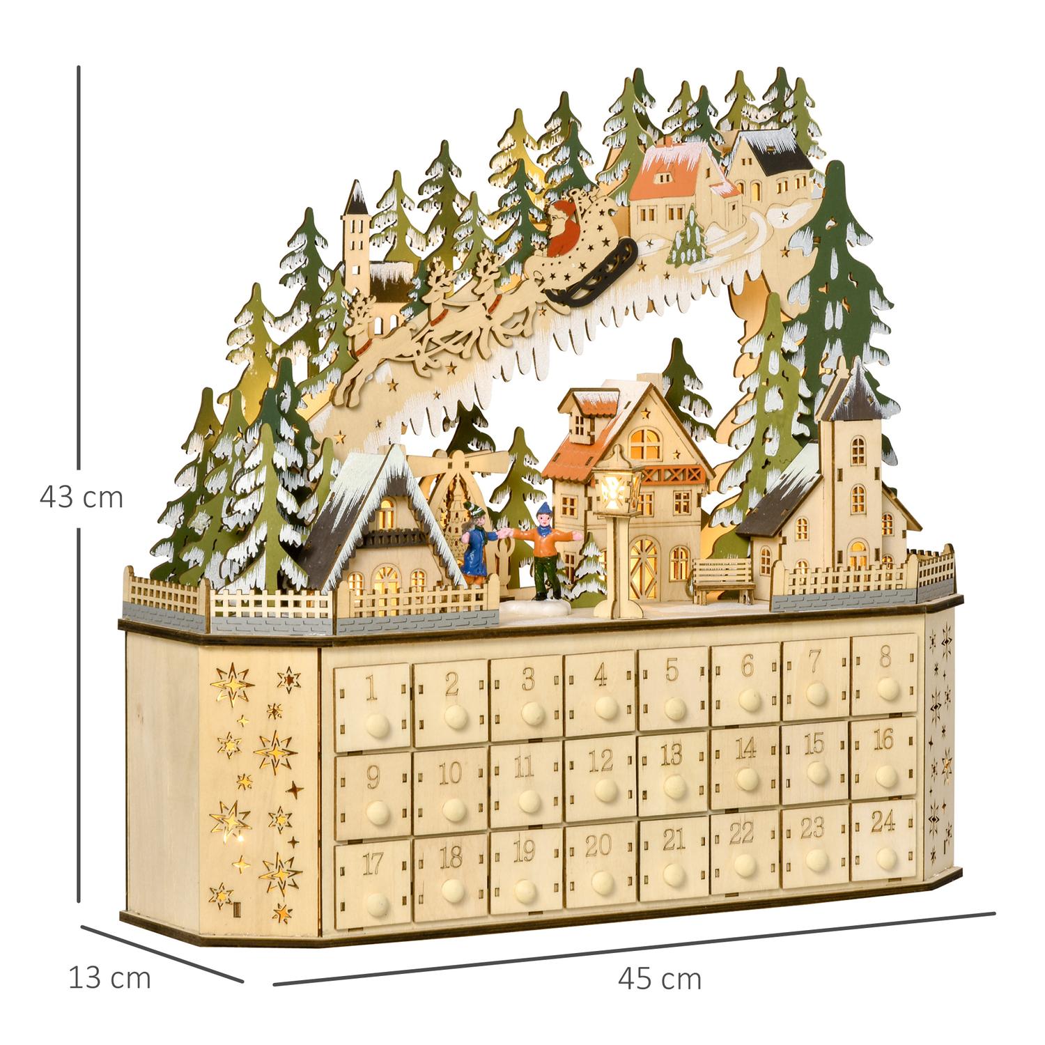 Adventskalender med LED-ljus, 24 fyllbara lådor, 45x13x43 cm