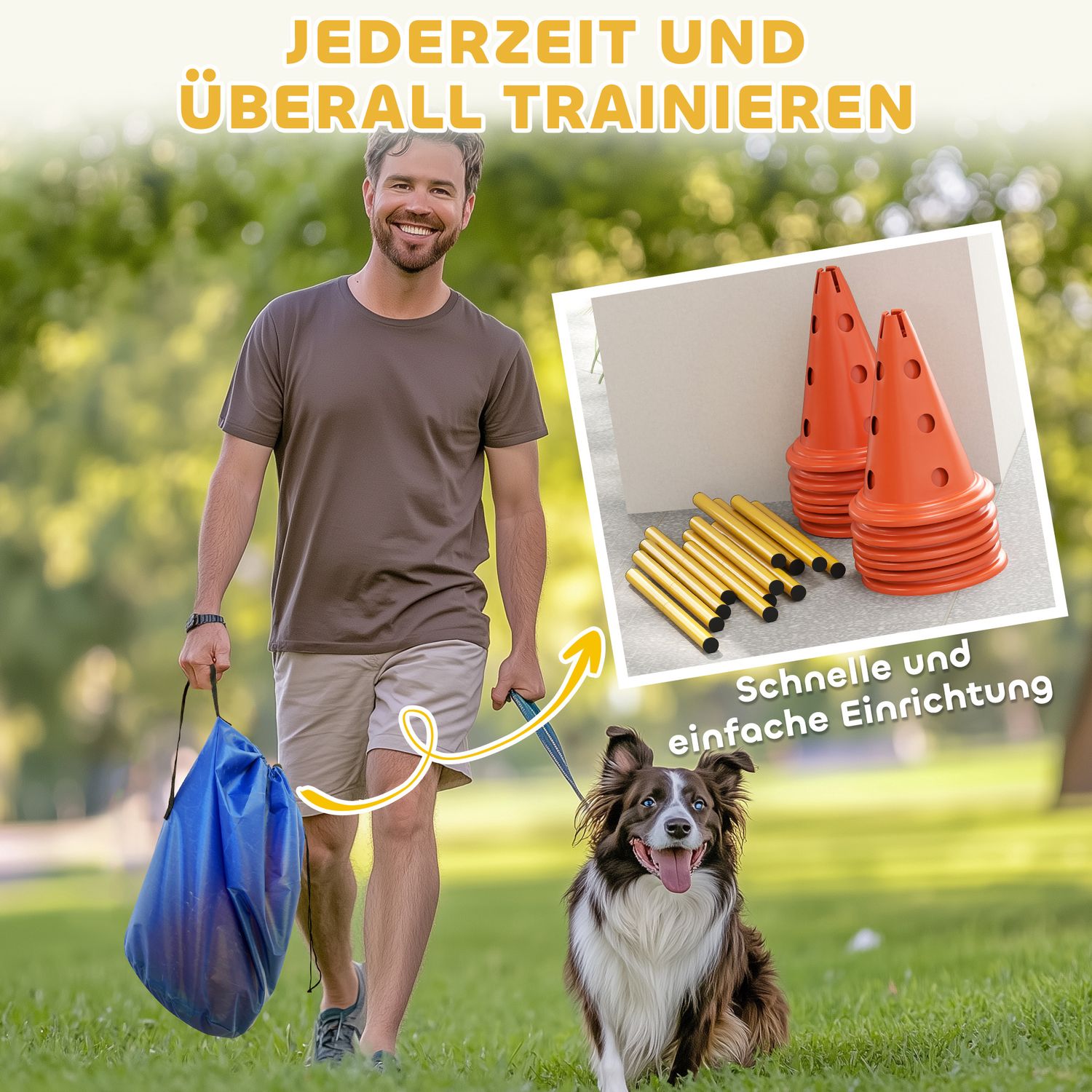 Hund Agility Training Set – 6 justerbara hinder, 12 kottar