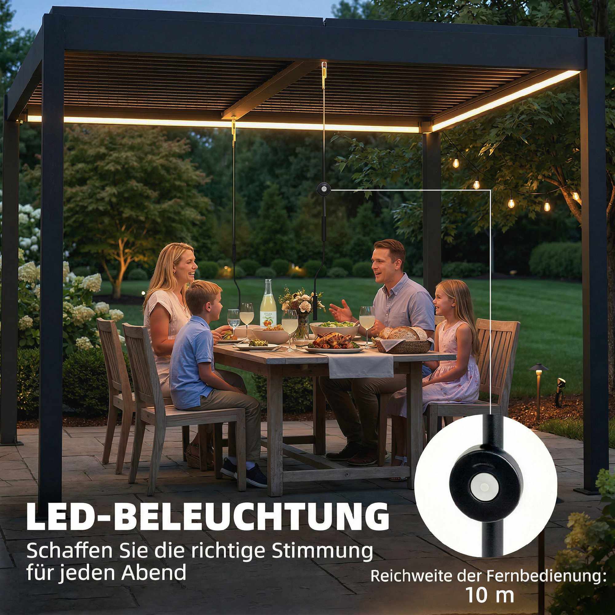 Aluminiumpergola 3x3m med LED-belysning och justerbart tak