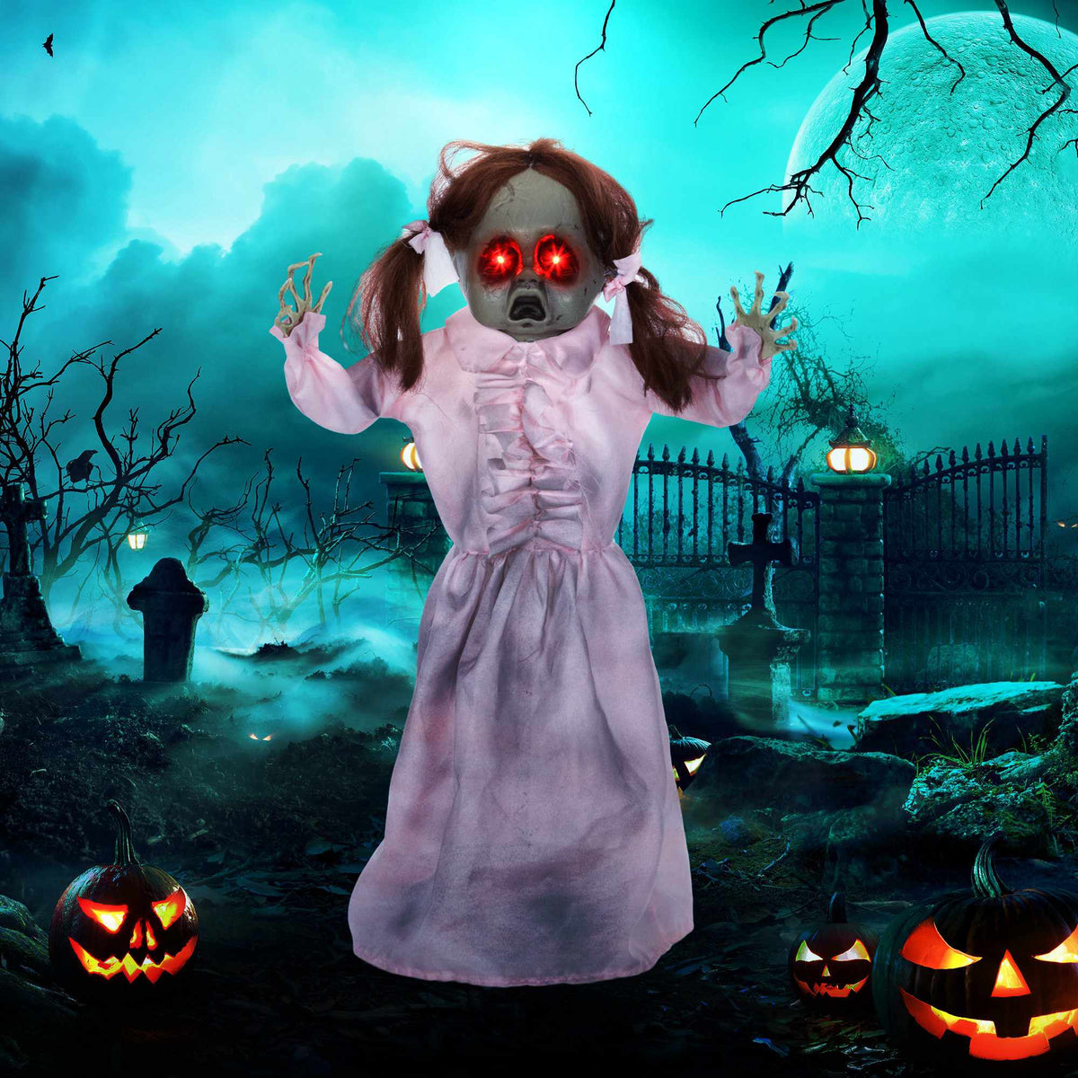 Animert Halloween-dukke, lyd- og berøringsaktivert, 76 cm