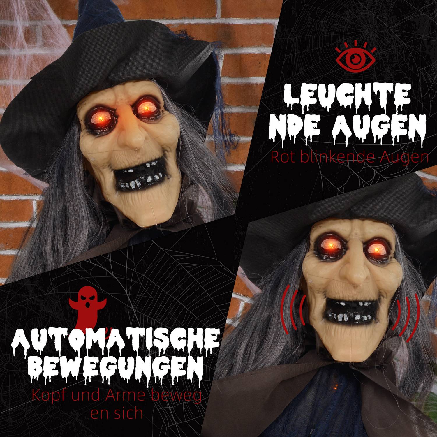 Animerad Halloween-häxdekoration med ljusa ögon