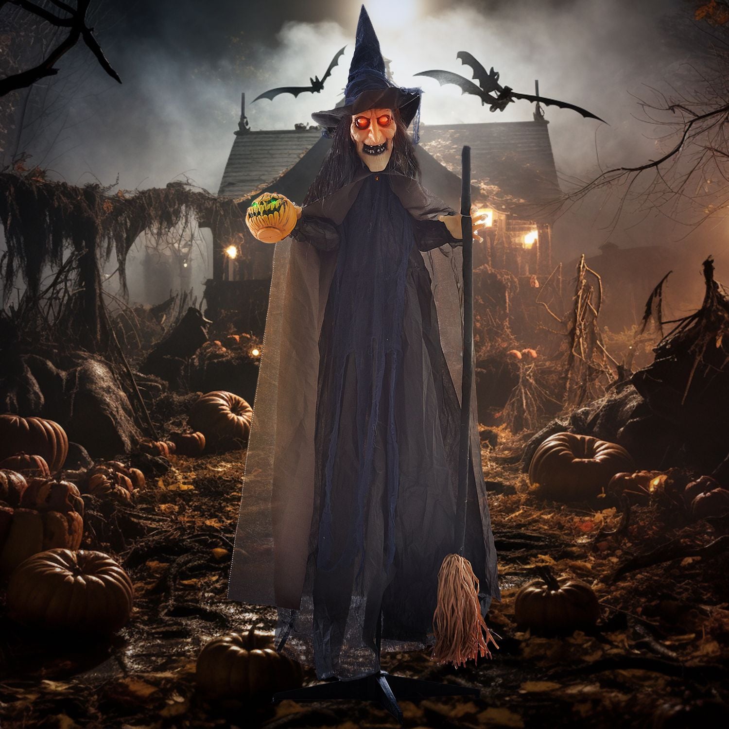 Animerad Halloween-häxdekoration med ljusa ögon