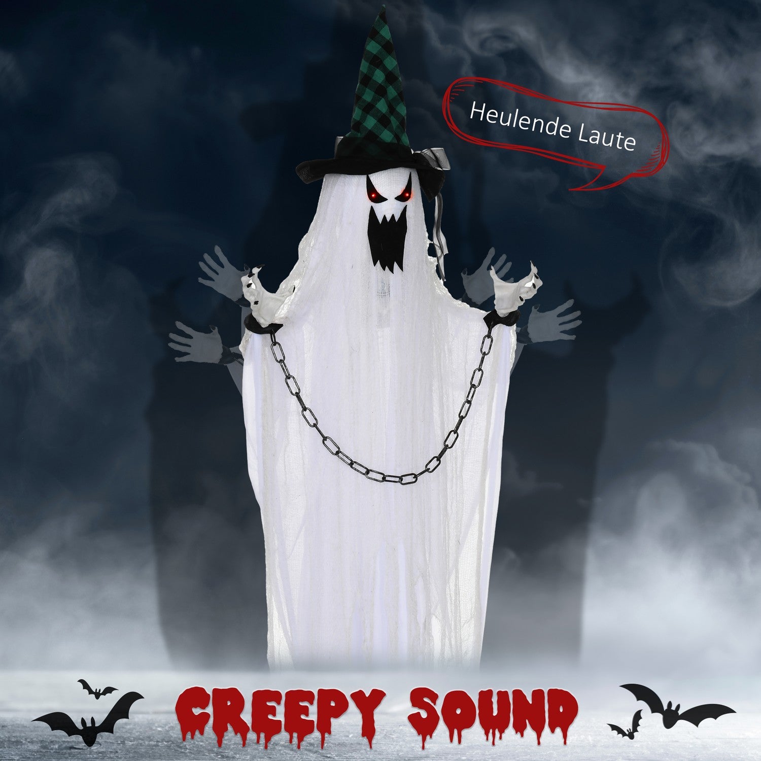 Animerad Halloween-rekvisita – Skakande spöke med röda ögon