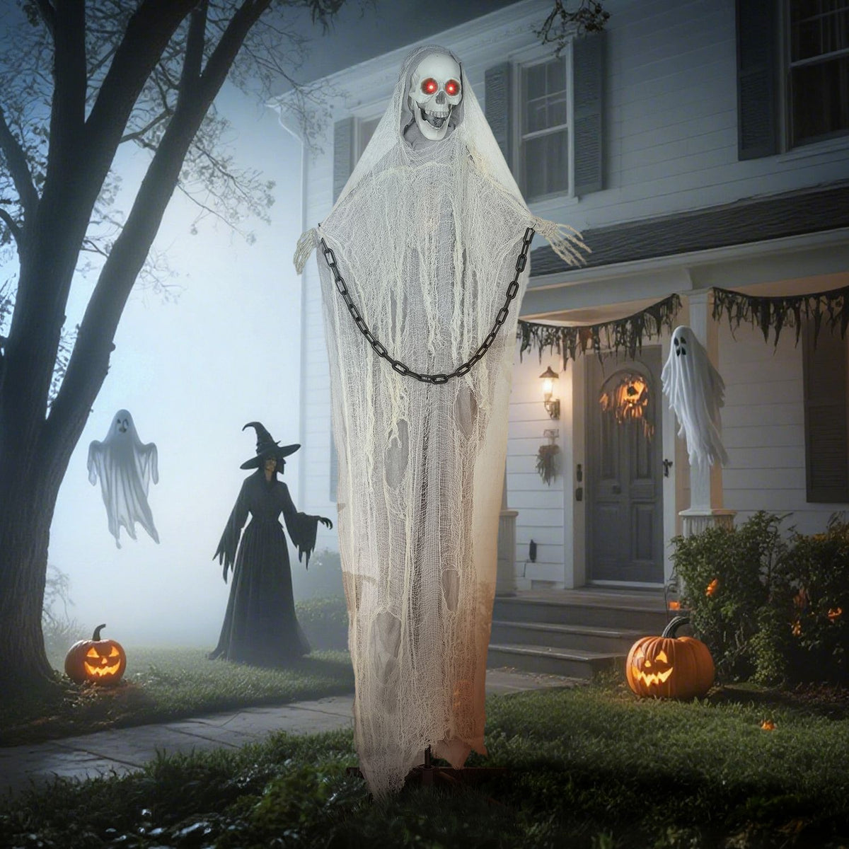 Animerte Grim Reaper Halloween-dekorasjon, 183 cm, lysende øyne