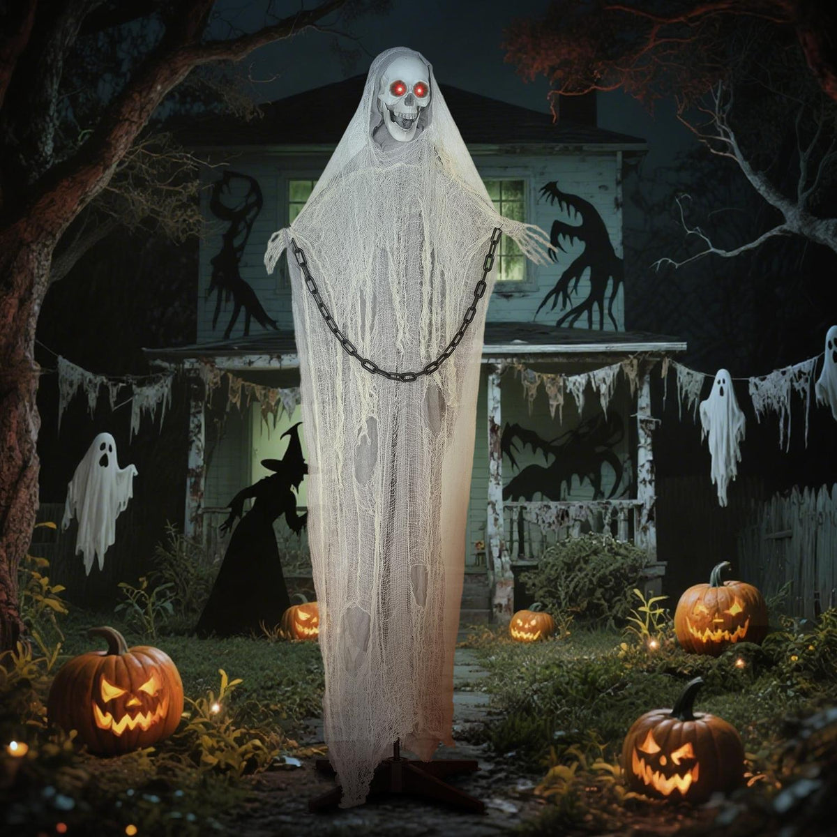 Animerte Grim Reaper Halloween-dekorasjon, 183 cm, lysende øyne