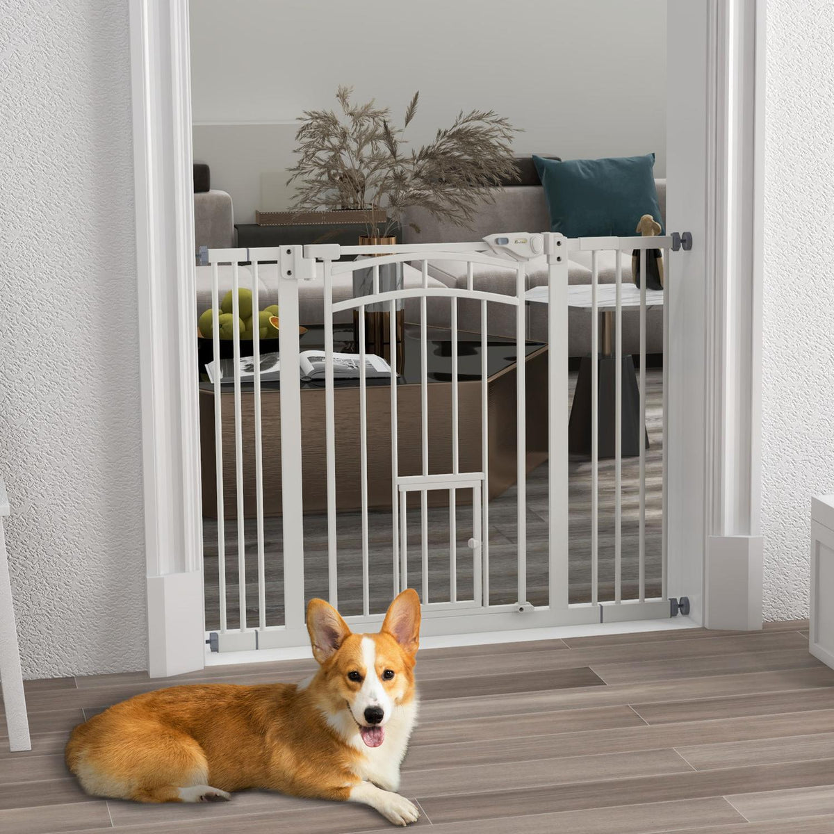 Auto-Close Pet Gate med katteluke, 74-100 cm, hvit
