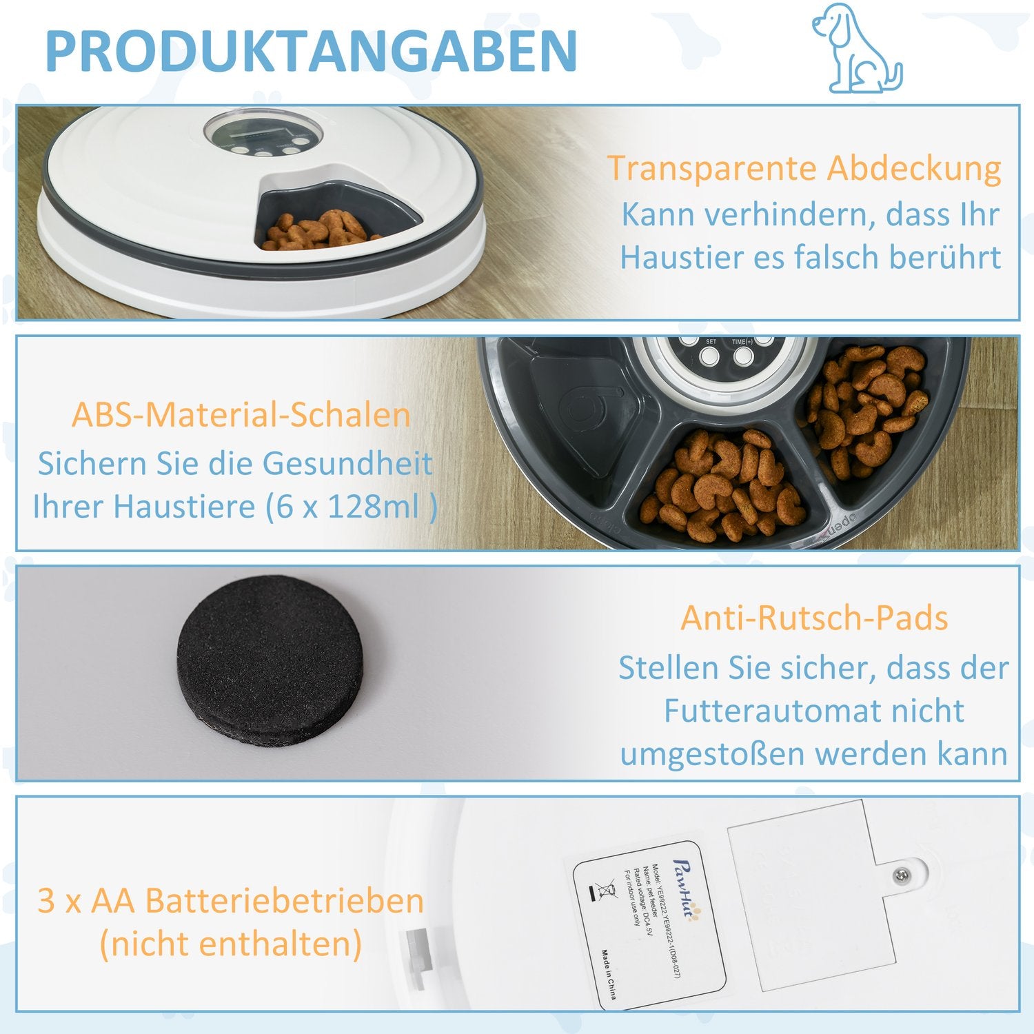 Automatisk husdjursmatare, programmerbar, timer för 6 måltider