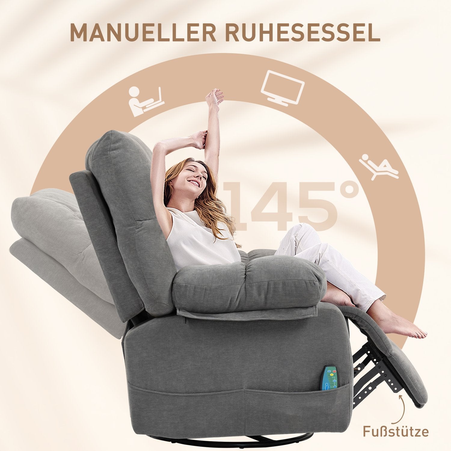 Avkopplande stol med massagefunktion, liggfunktion, roterande massagestol, 4 sidfickor och fjärrkontroll, mörkgrå