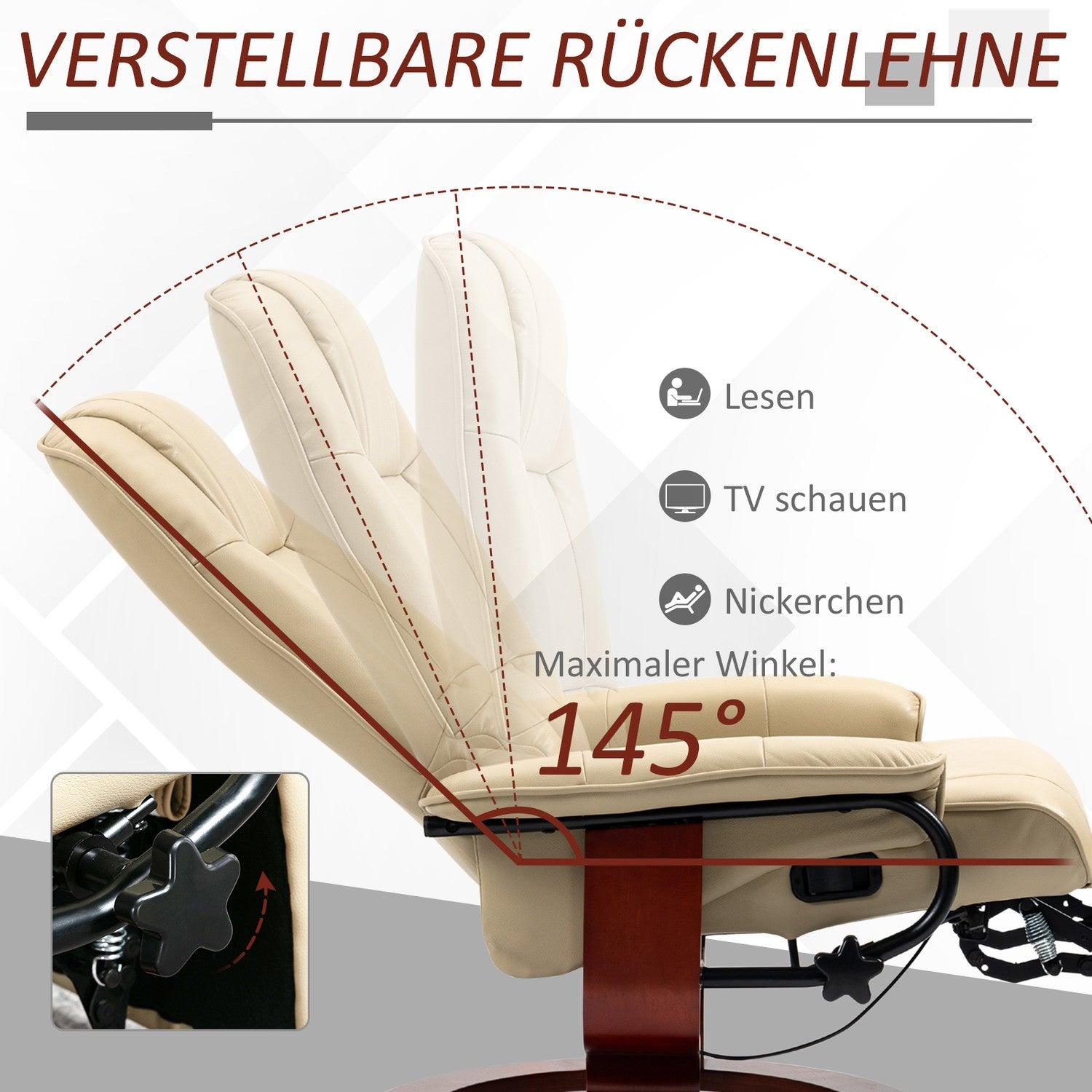 Gräddvit fåtölj i konstläder med fotstöd