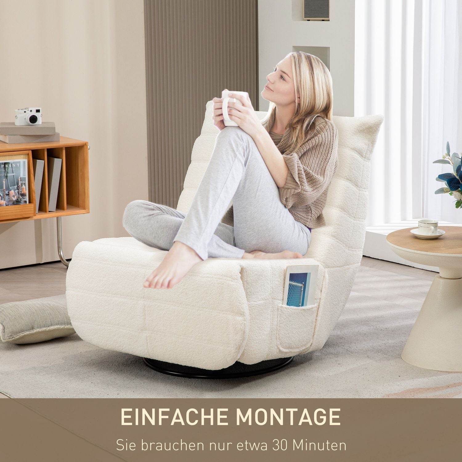 Swivel Recliner TV-stol med gung, fotstöd, fickfjäder