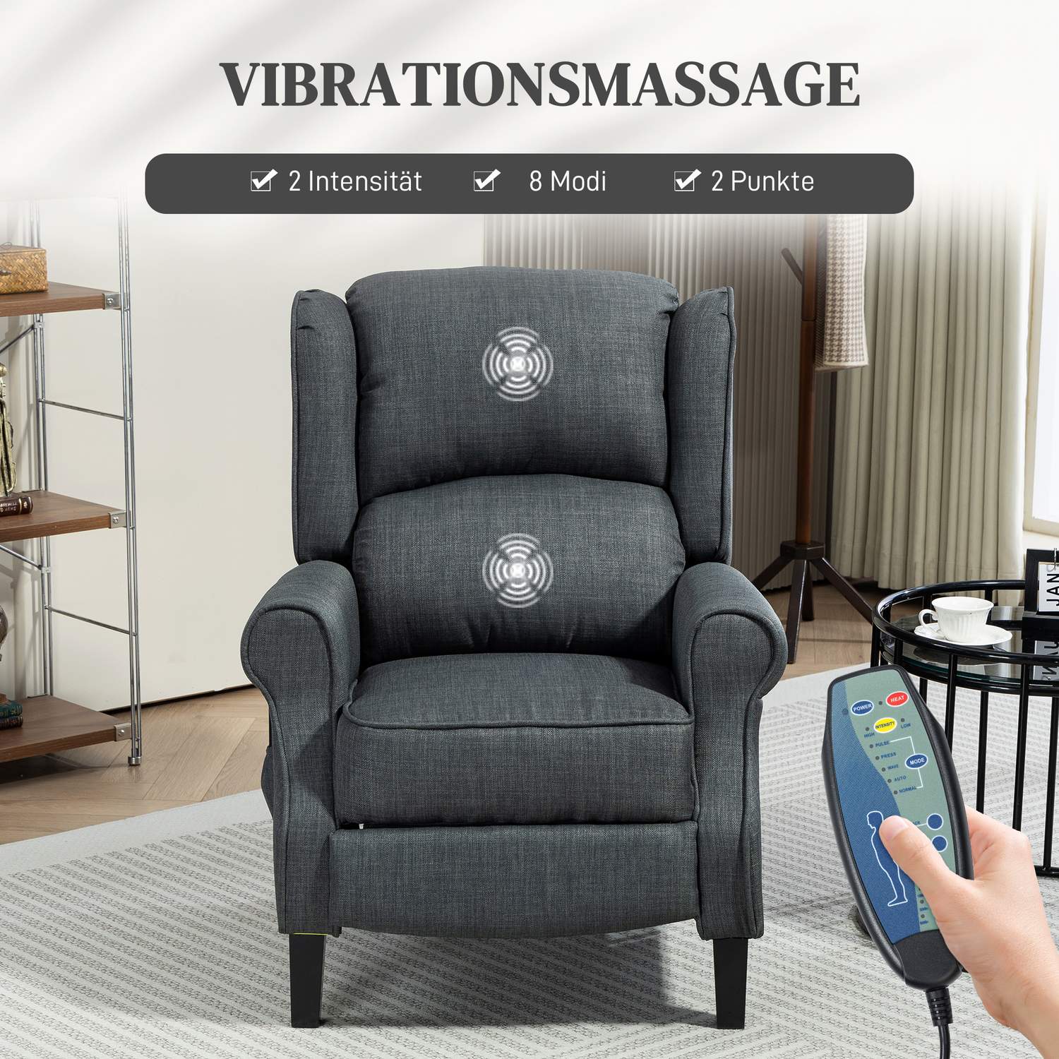 Liggande massagestol med värme, fjärrkontroll, mörkgrå