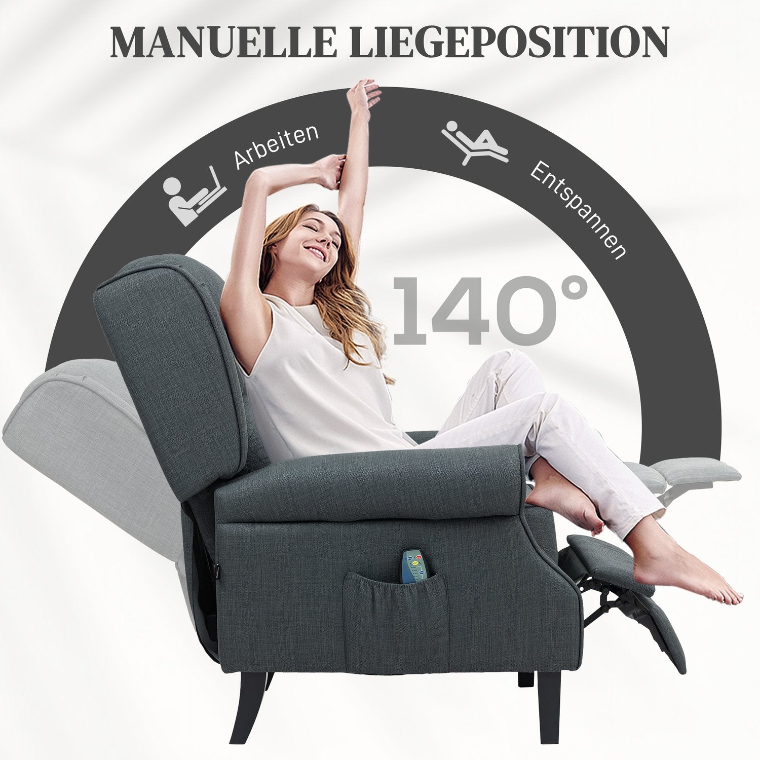 Liggande massagestol med värme, fjärrkontroll, mörkgrå