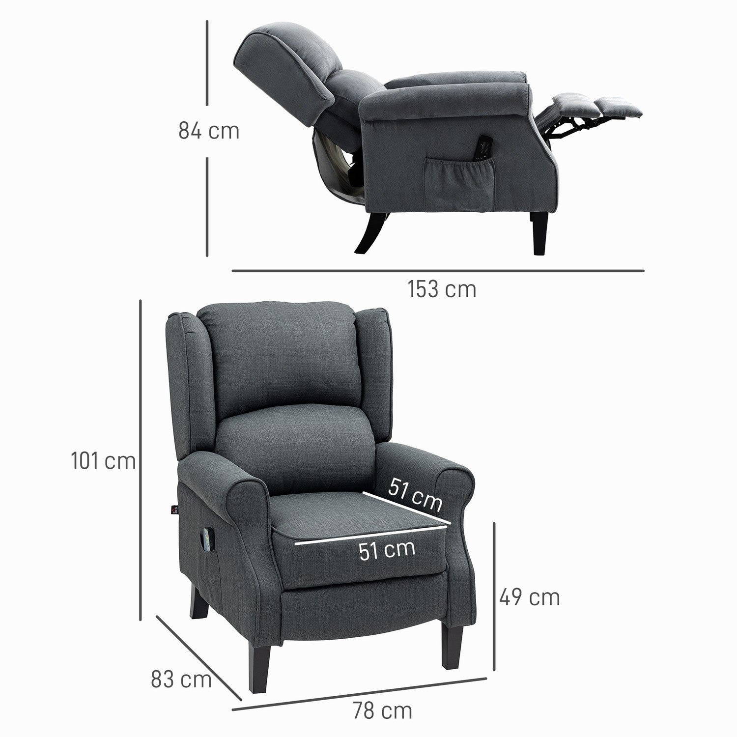 Liggande massagestol med värme, fjärrkontroll, mörkgrå