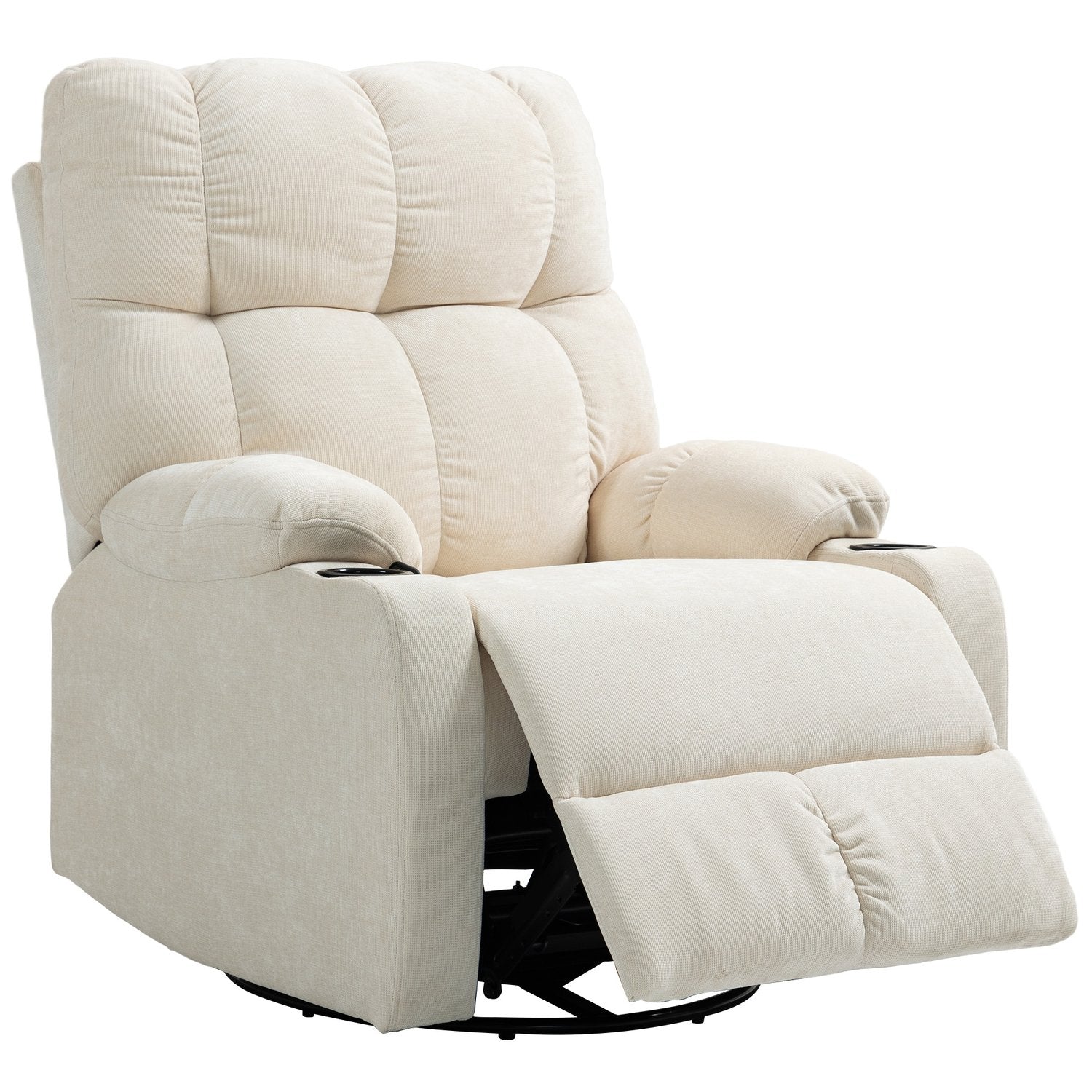 Liggande gung-TV-stol med fotstöd och mugghållare, beige