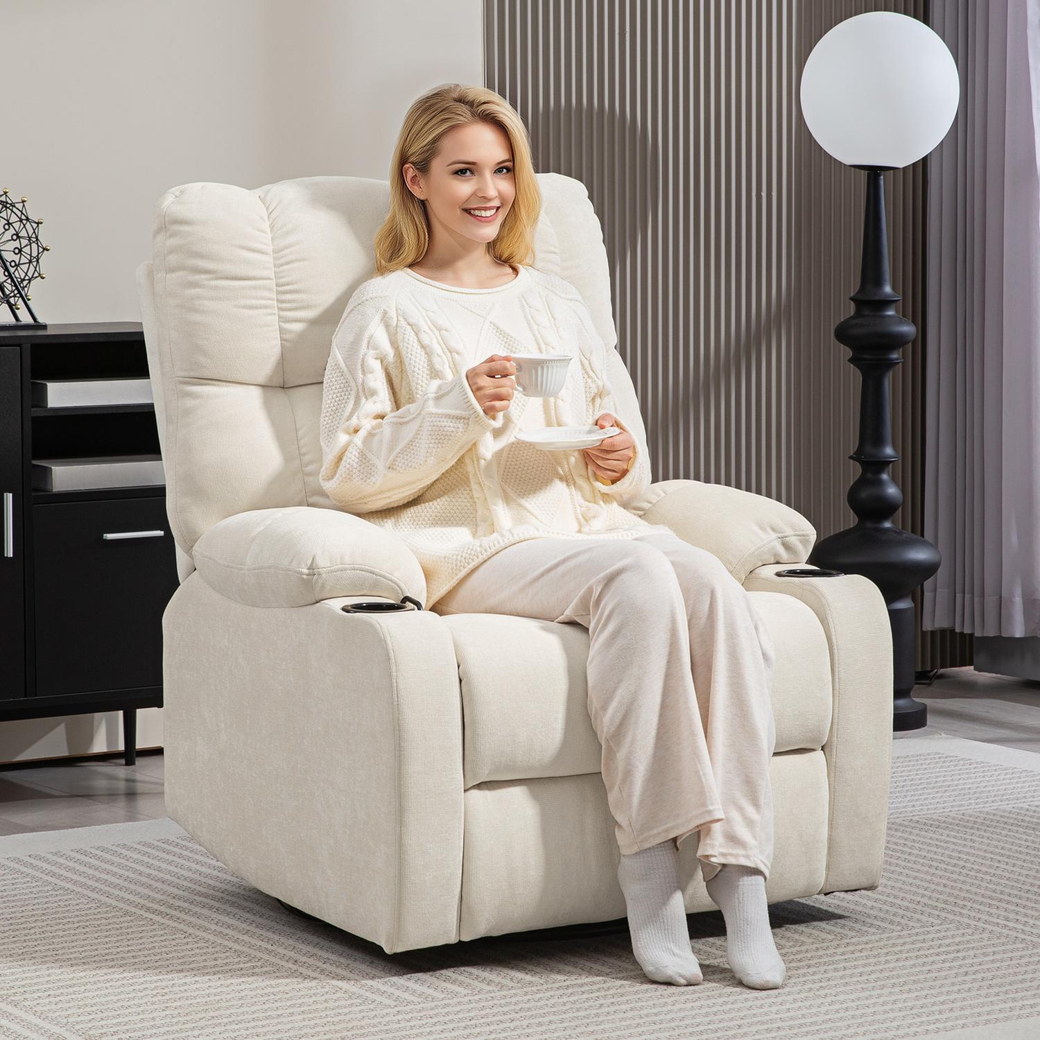 Liggande gung-TV-stol med fotstöd och mugghållare, beige